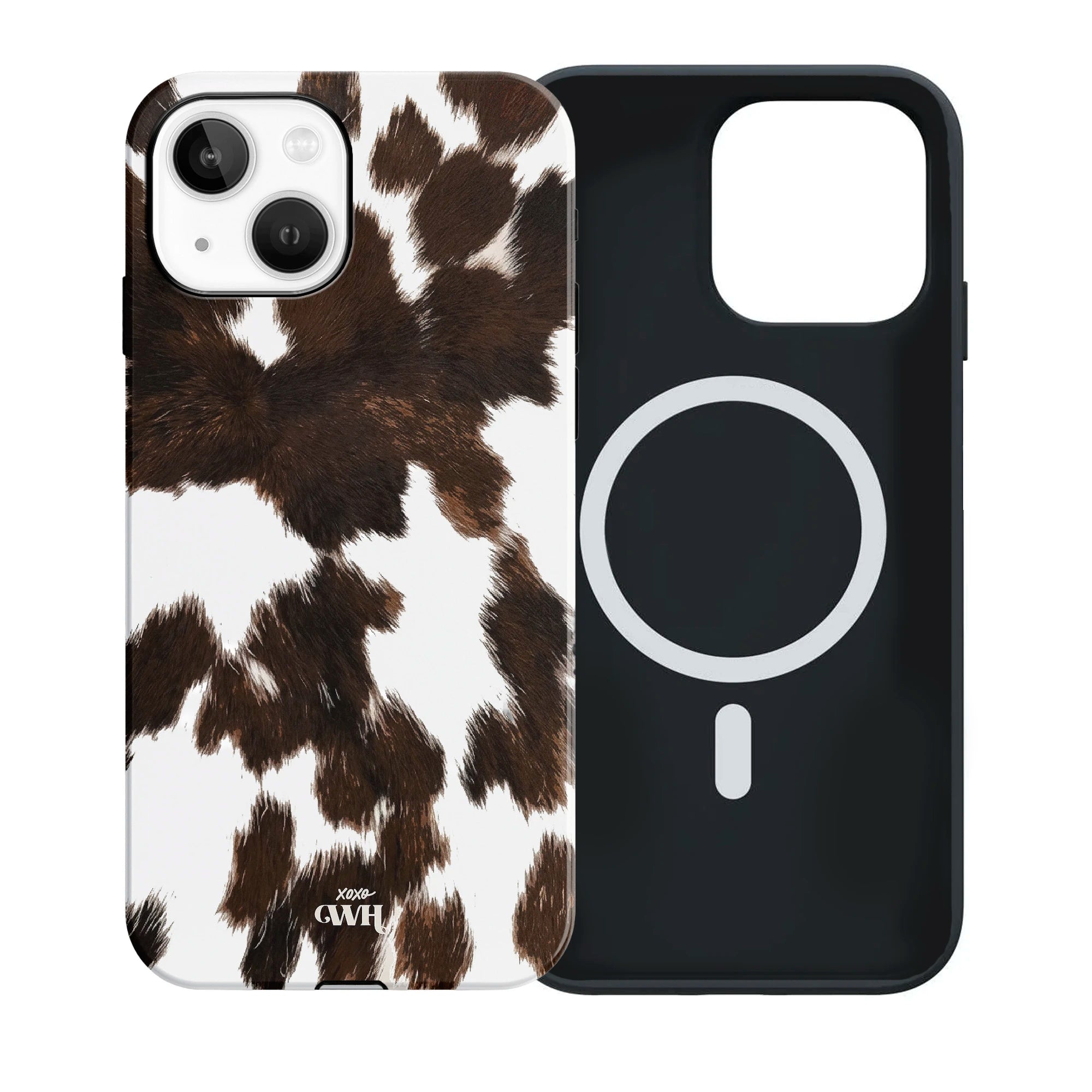 Midnight Rodeo MagSafe iPhone 13 hoesje met realistische bruin-witte koeienvacht print en zwarte binnenkant.