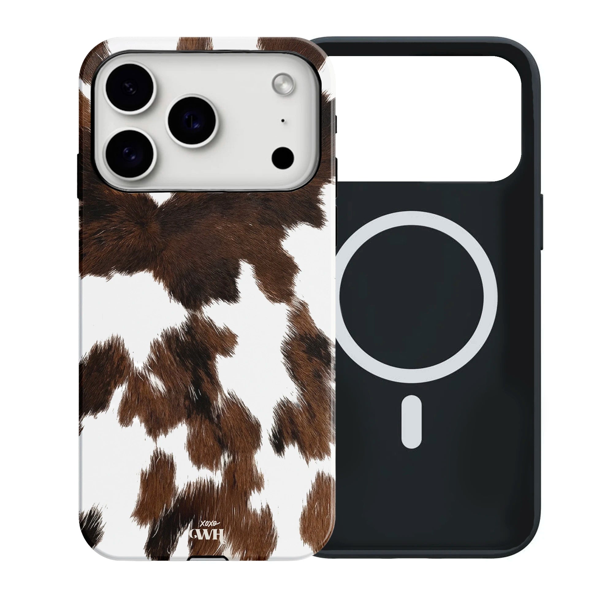 Midnight Rodeo MagSafe iPhone 17 Pro hoesje met realistische bruin-witte koeienvacht print en zwarte binnenlaag.