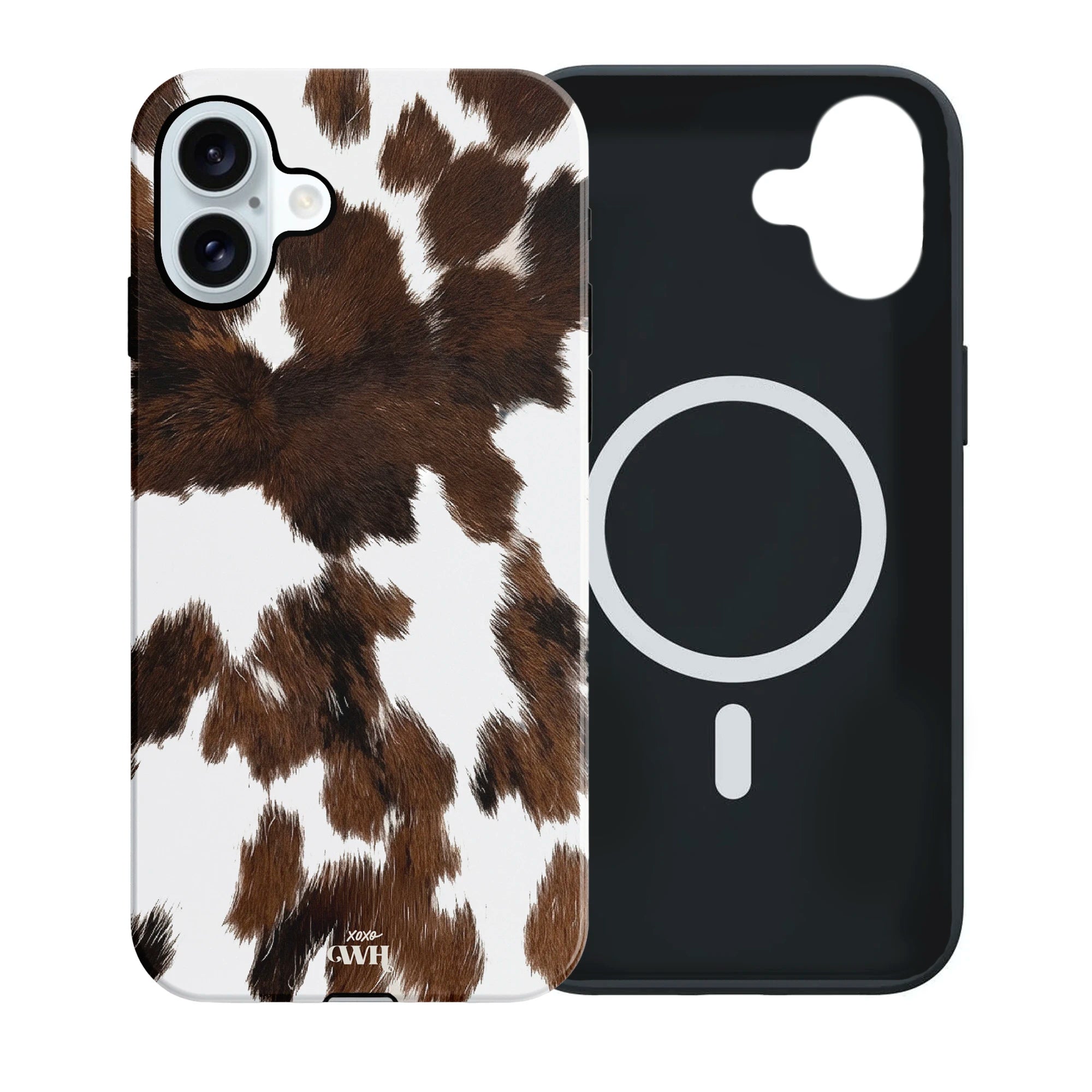 Midnight Rodeo MagSafe iPhone 16 hoesje met realistische bruin-witte koeienvacht print en zwarte binnenkant.