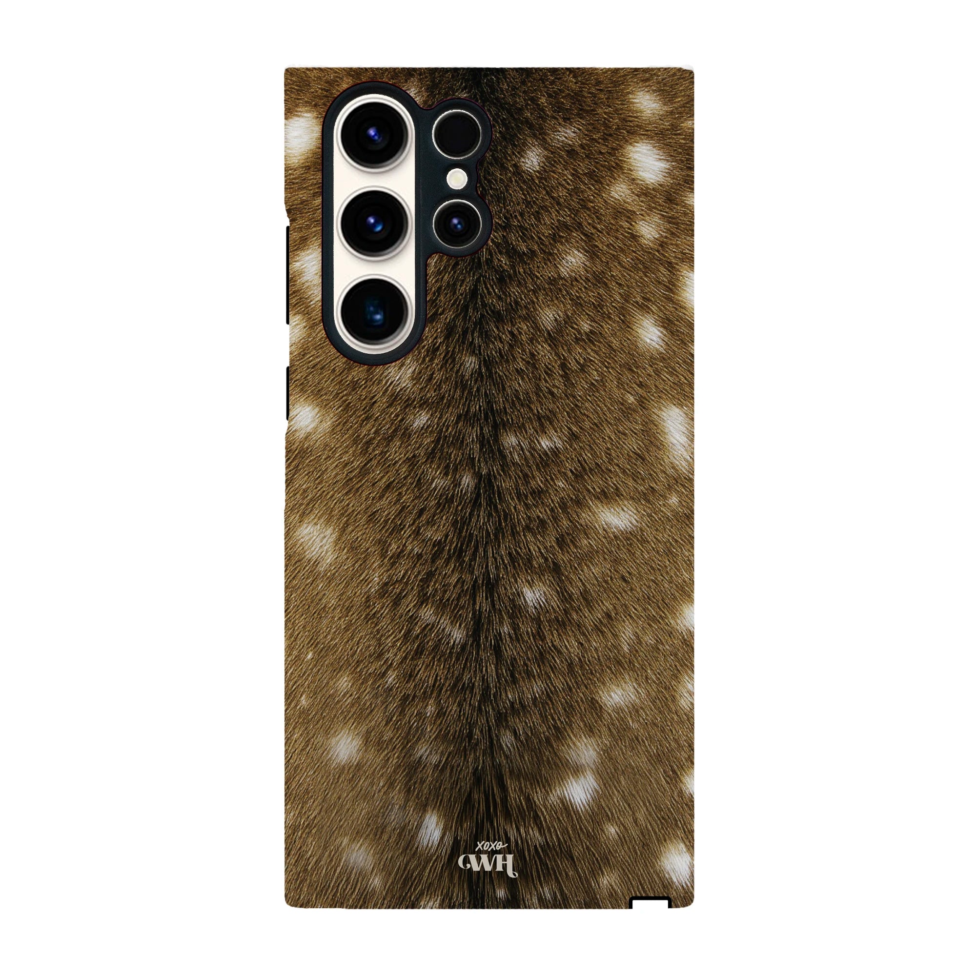 Bambi Bliss Samsung Galaxy S24 Ultra hoesje met realistische hertenvacht print in warme bruintinten en witte stippen.