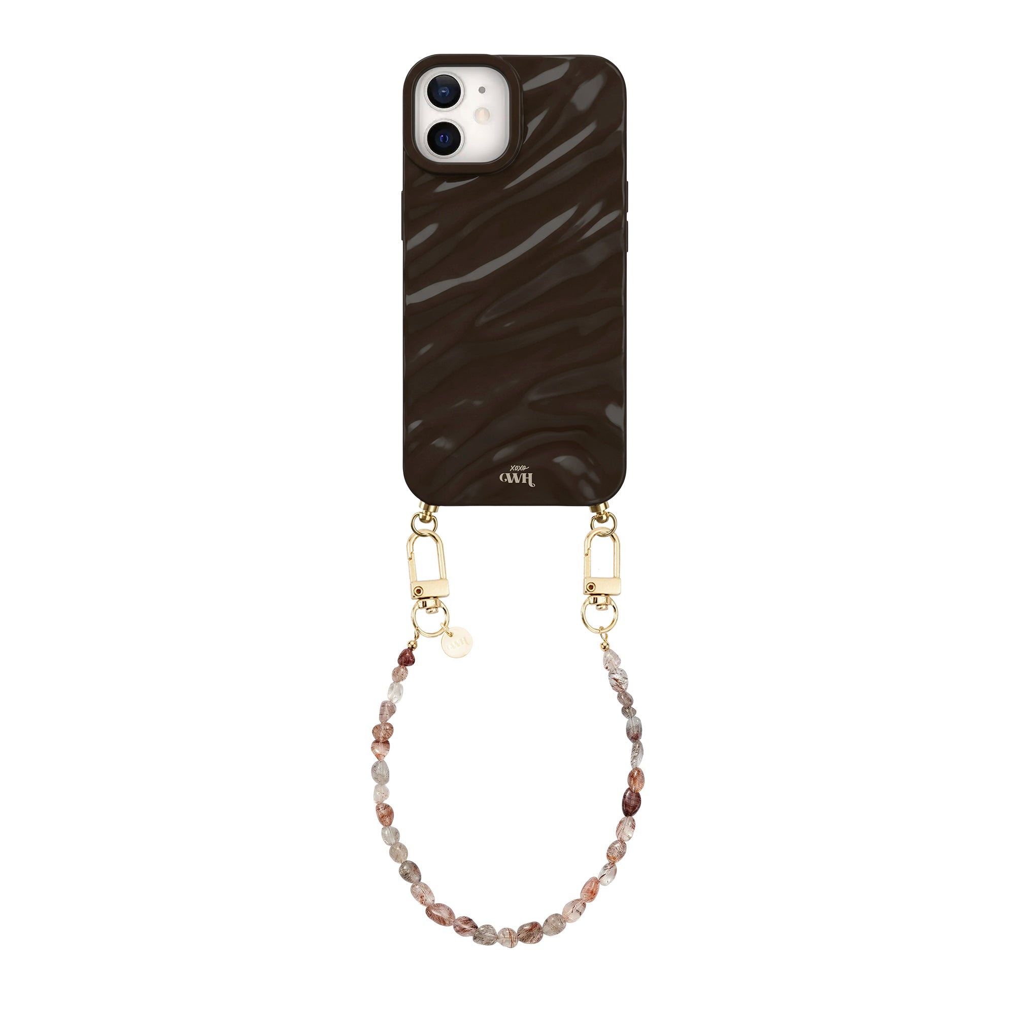 Glanzende bruine iPhone 12 hoes met Soft Taupe kralenkoord en gouden haakjes.