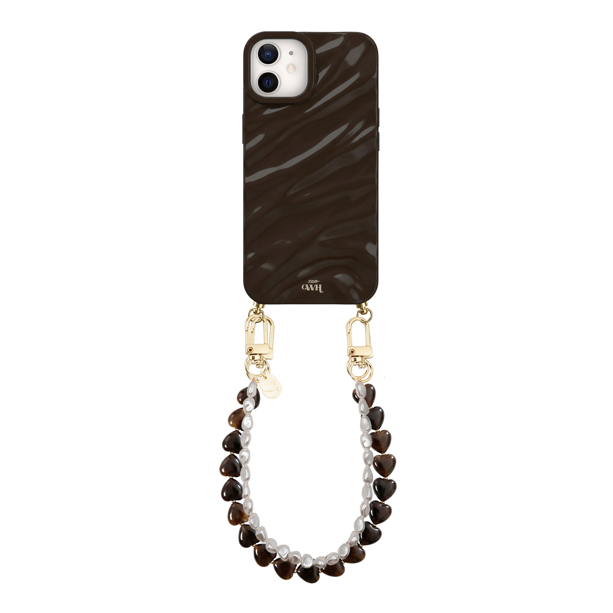 Glanzende diepbruine iPhone 11 Glaze Cord Case met Sweetheart Brown en wit parelkoord.