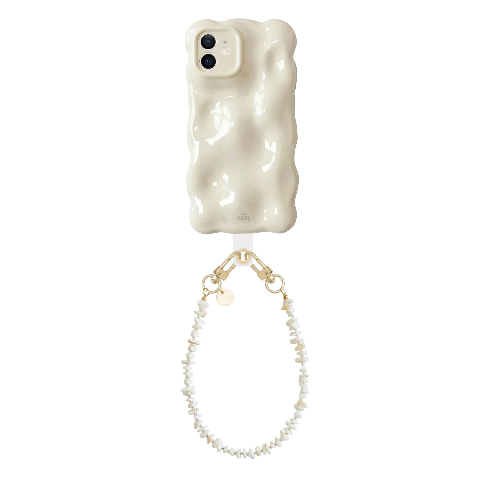 Crèmekleurige iPhone 11 Bubbly case met golvende vorm en kort Summer Sand koord met gouden details.