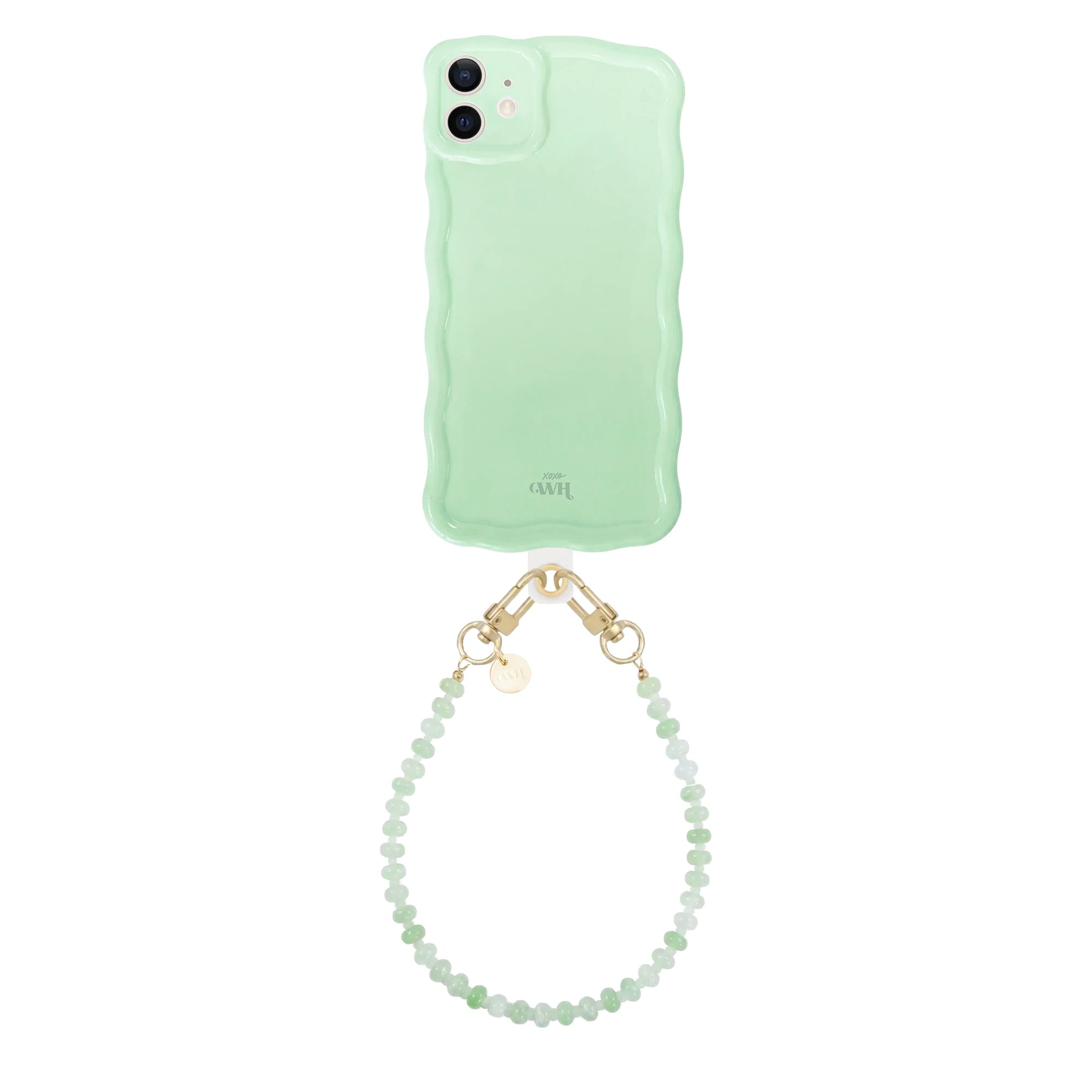 Glossy wavy sage green iPhone 11 case with a short dusty green beaded wrist cord and gold hardware.