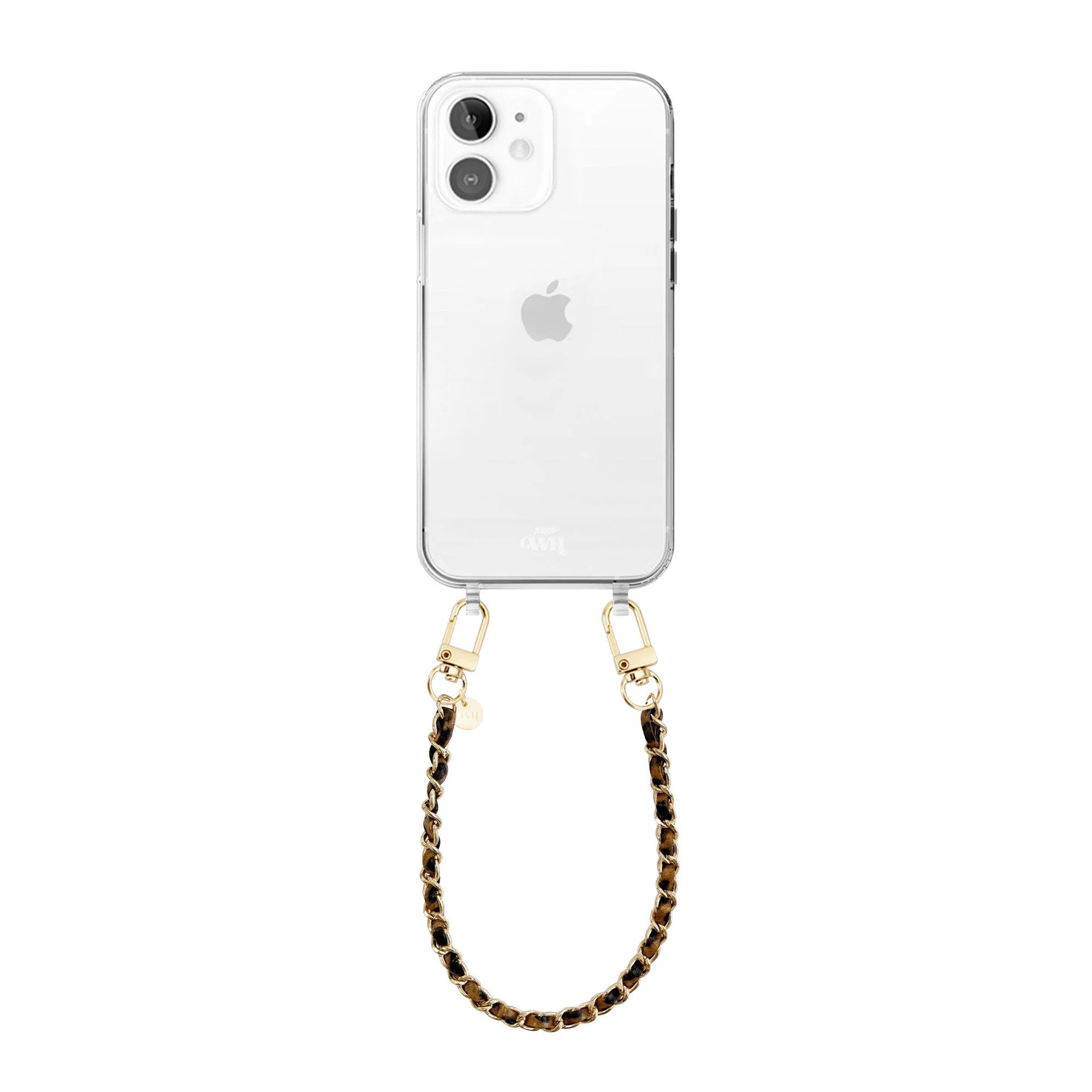 iPhone 11 transparant hoesje met korte Classic Chain Leopard polsband met gouden details.