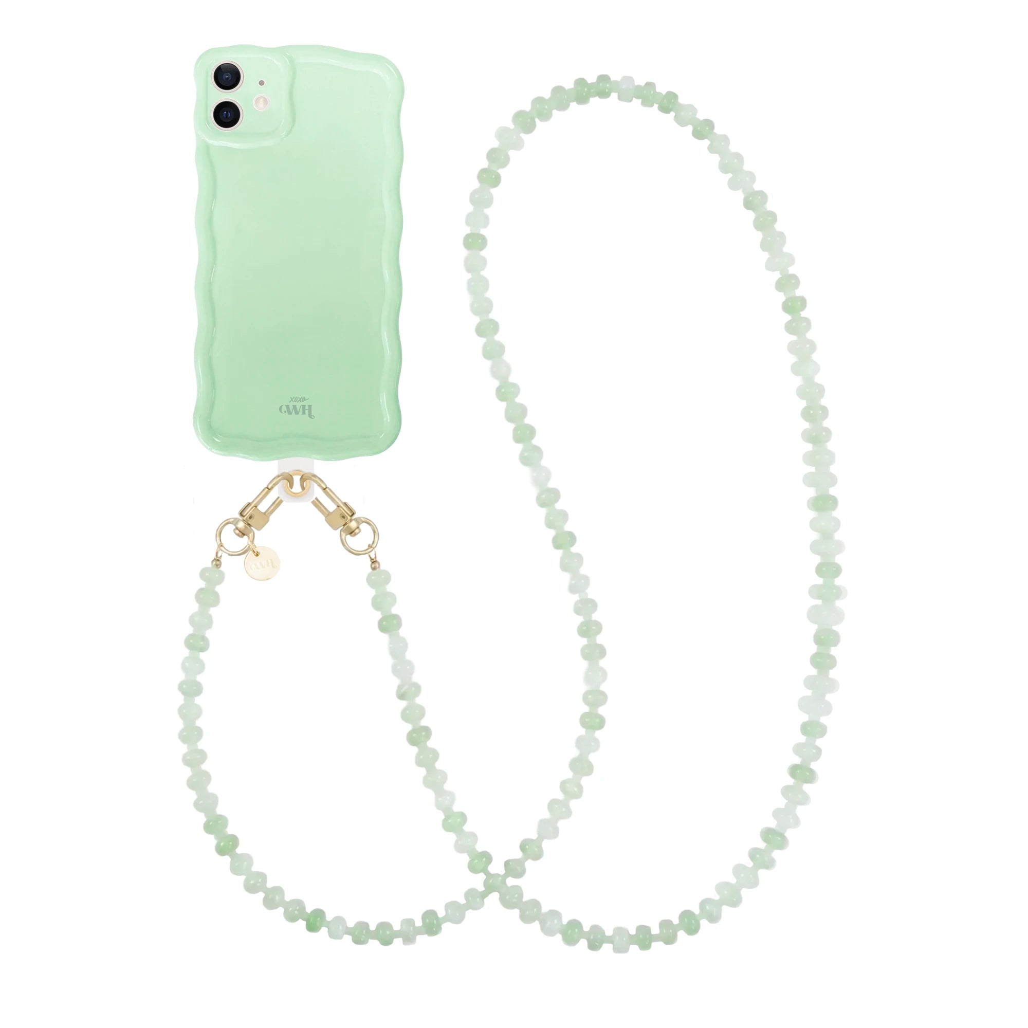Glossy Wavy iPhone 11 case in sage green with a long, beaded dusty green cord.