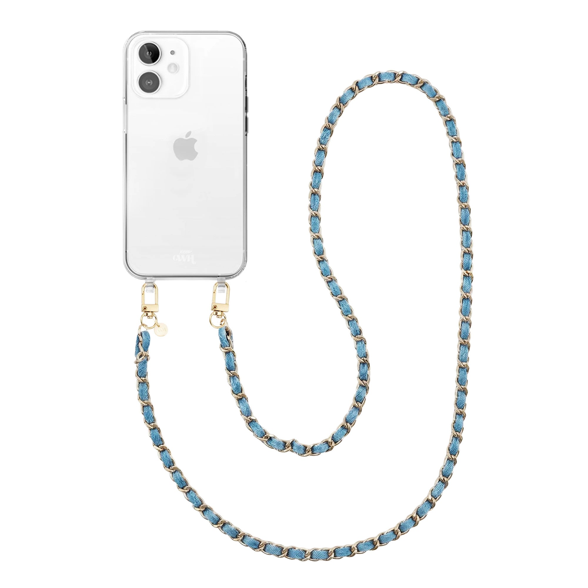 iPhone 12 transparant hoesje met lange, blauwe denim ketting en gouden details.