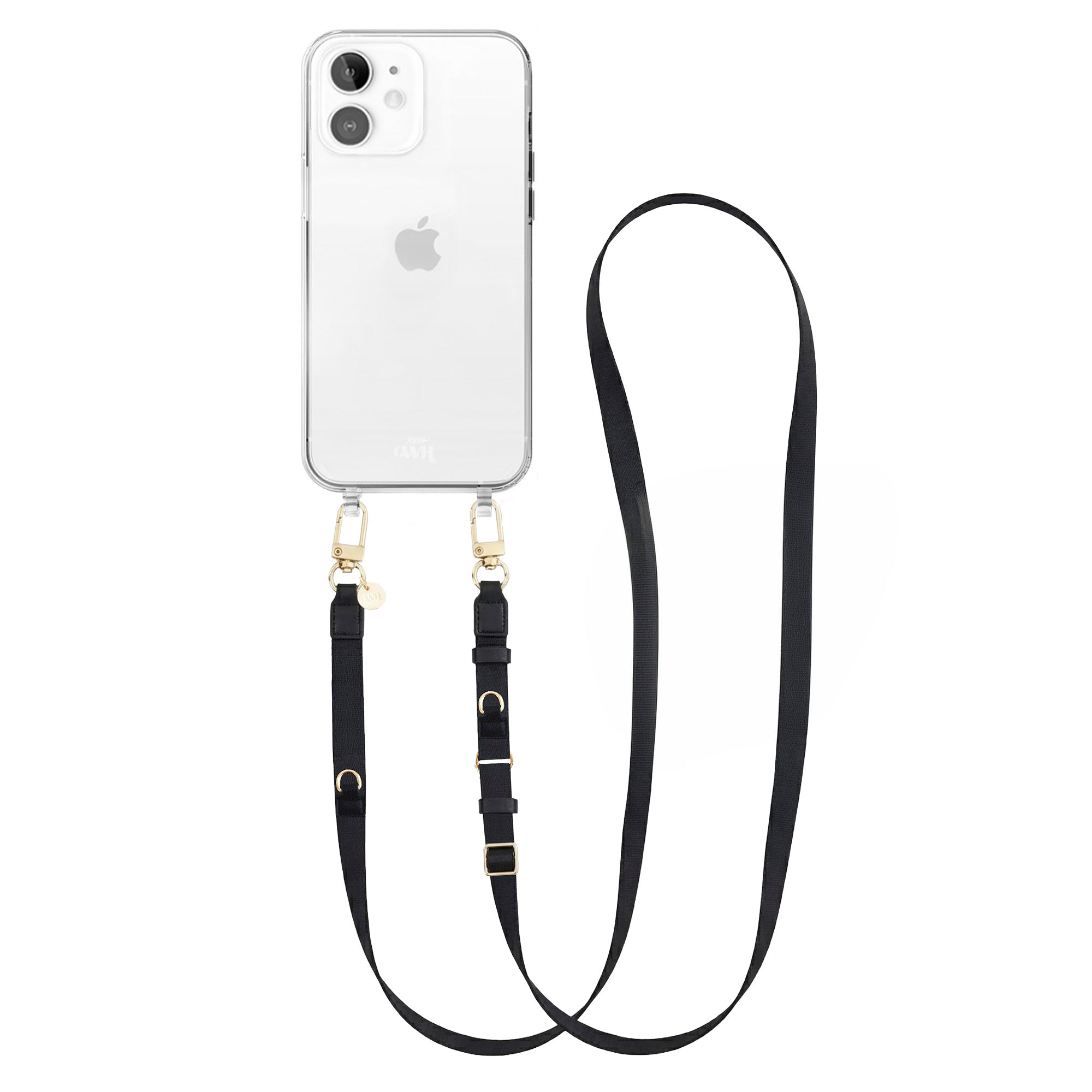 Transparant iPhone 11 hoesje met zwarte, verstelbare lanyard strap en gouden hardware.
