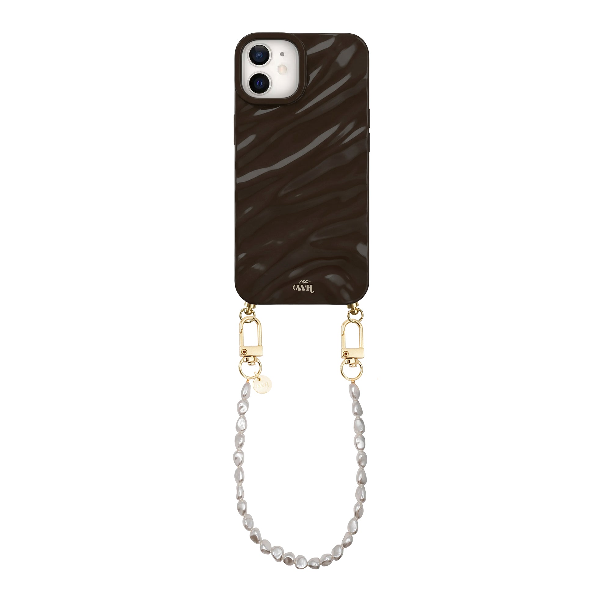 iPhone 11 Brown Glaze Cord Case met glanzend golvend patroon en kort Pearlfection parelkoord met gouden details.