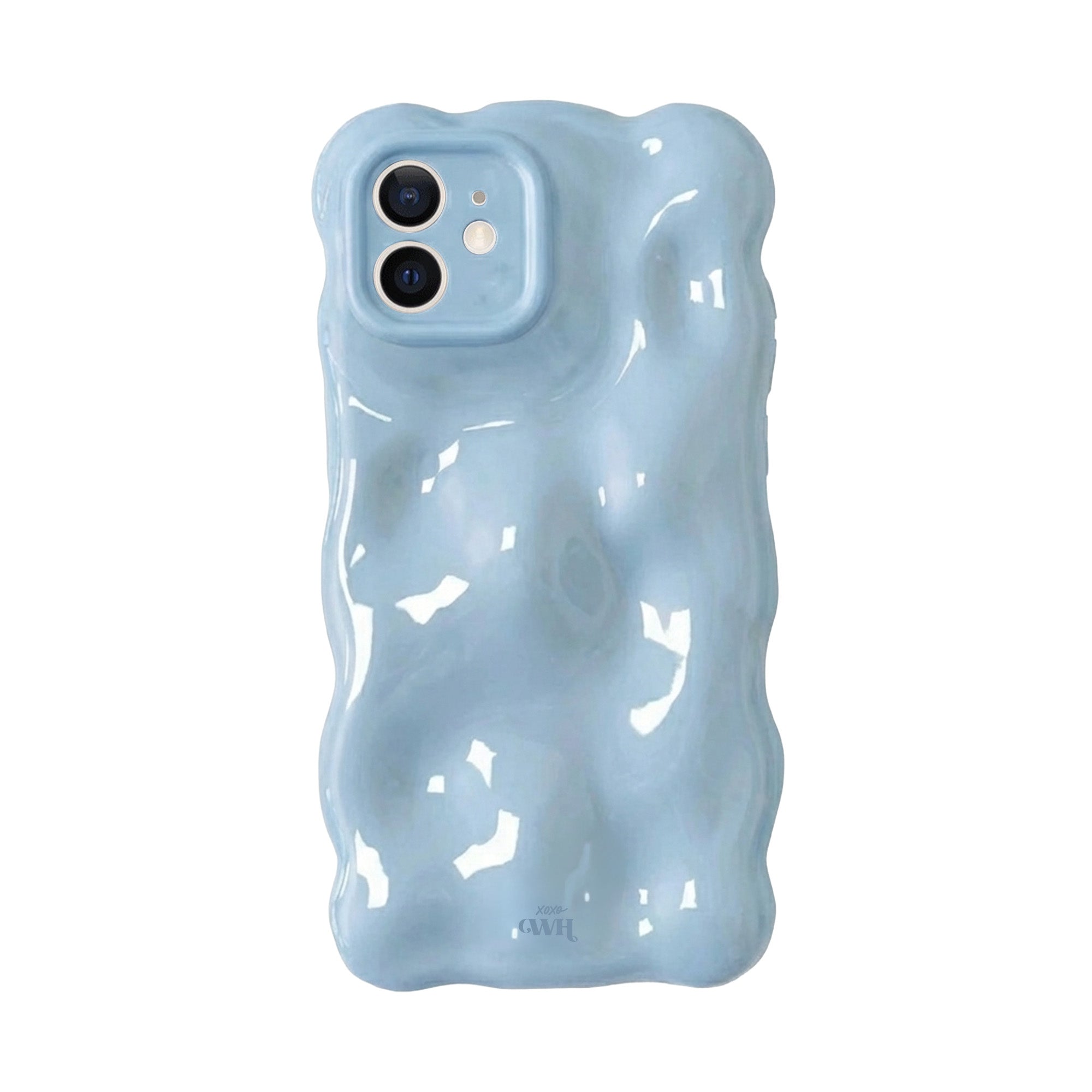 Glanzend ijsblauw Bubbly hoesje voor iPhone 12 met golvend design en camera cover.
