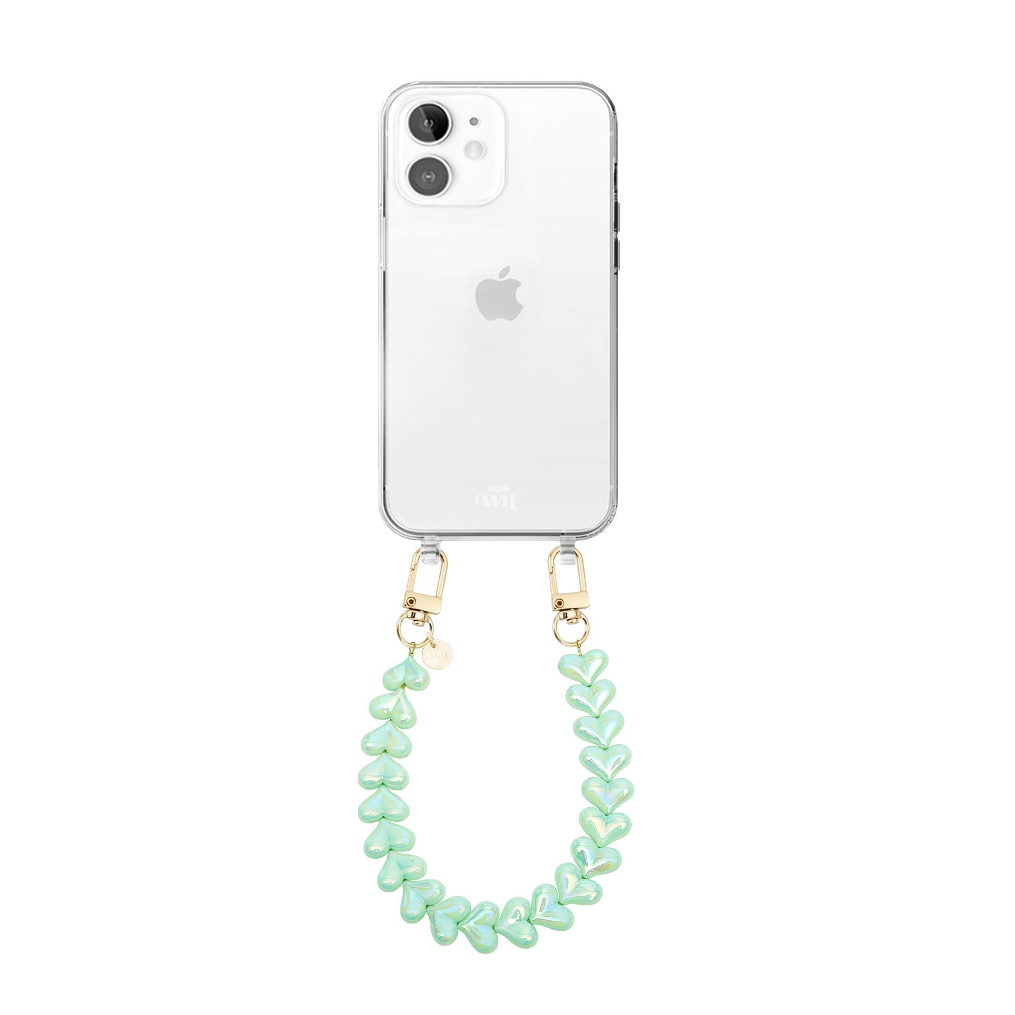 xoxo Wildhearts iPhone 12 - Funky Hearts (Green Metallic) Transparant Cord Case