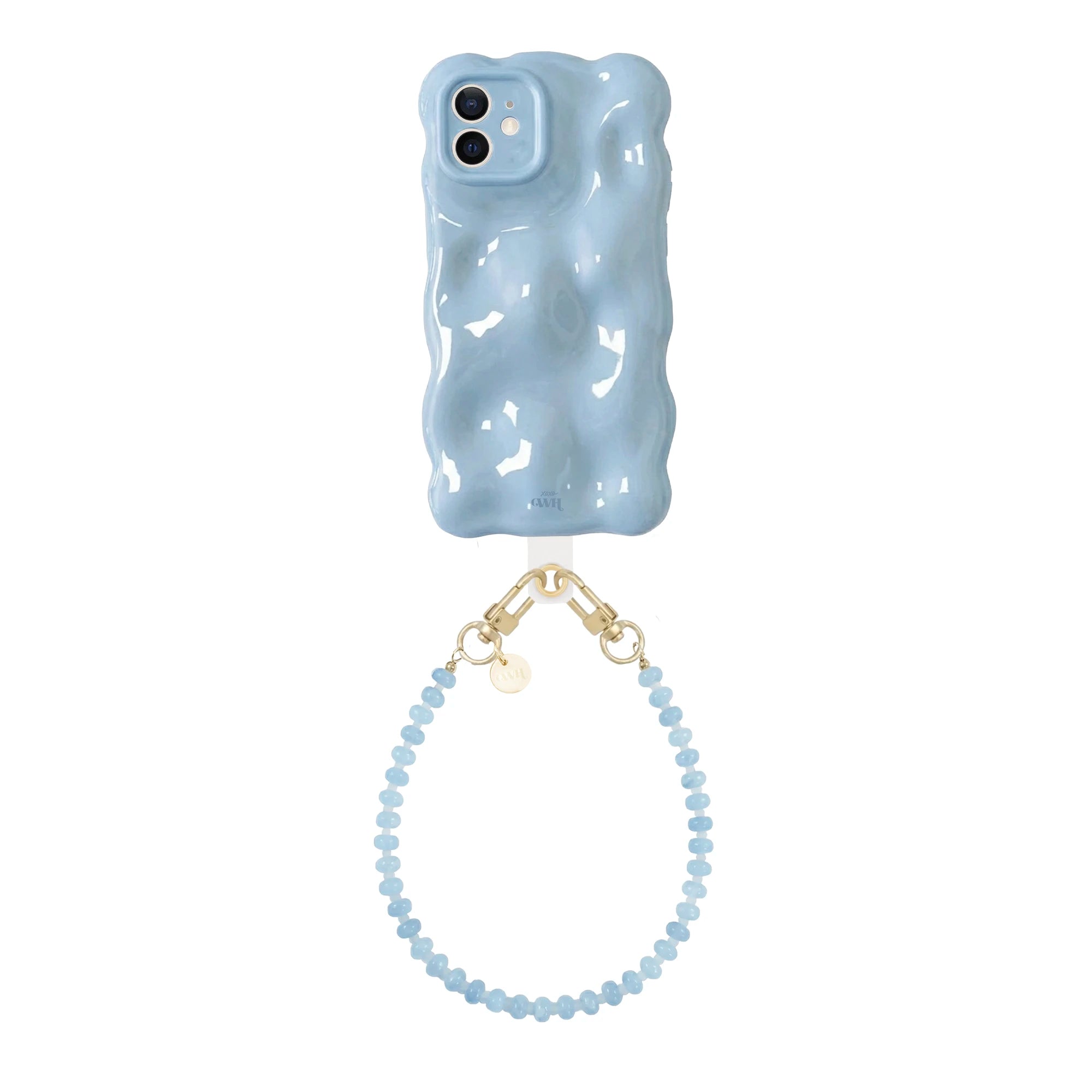 Lichtblauwe Bubbly iPhone 11 case met golvende vorm en kort Dusty koord van blauwe kralen.