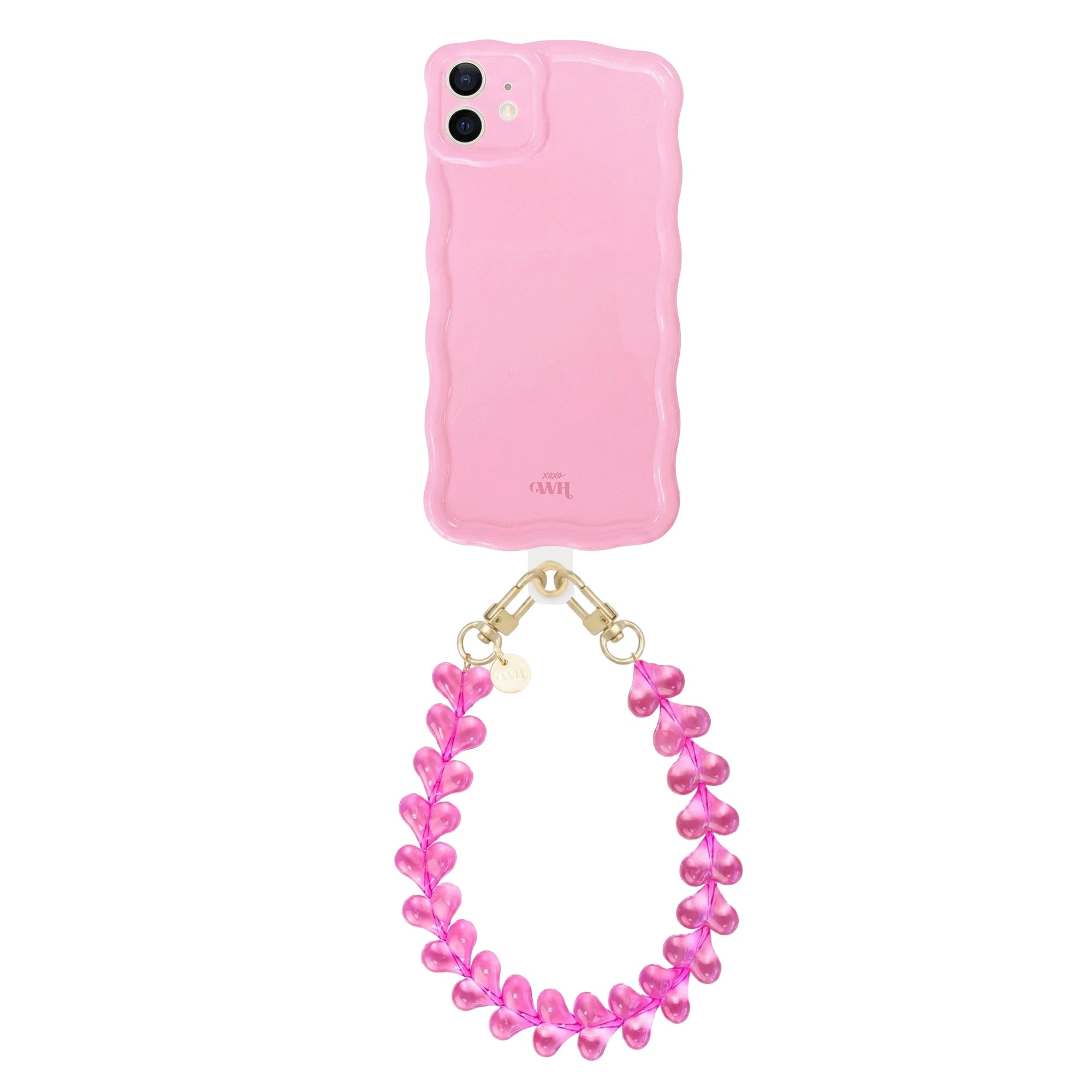 Glossy wavy bubble blush iPhone 11 case with a pink funky hearts cord and gold clasps.
