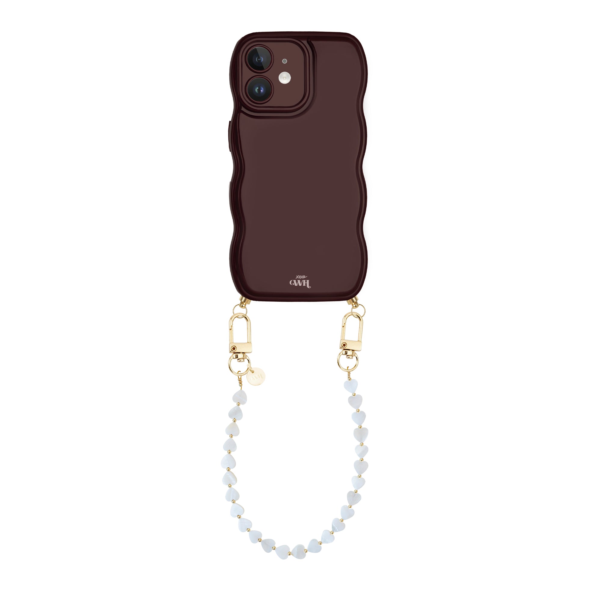 Glossy Wavy Cord Case Burgundy - Shell Hearts - Beige (short) - iPhone 11