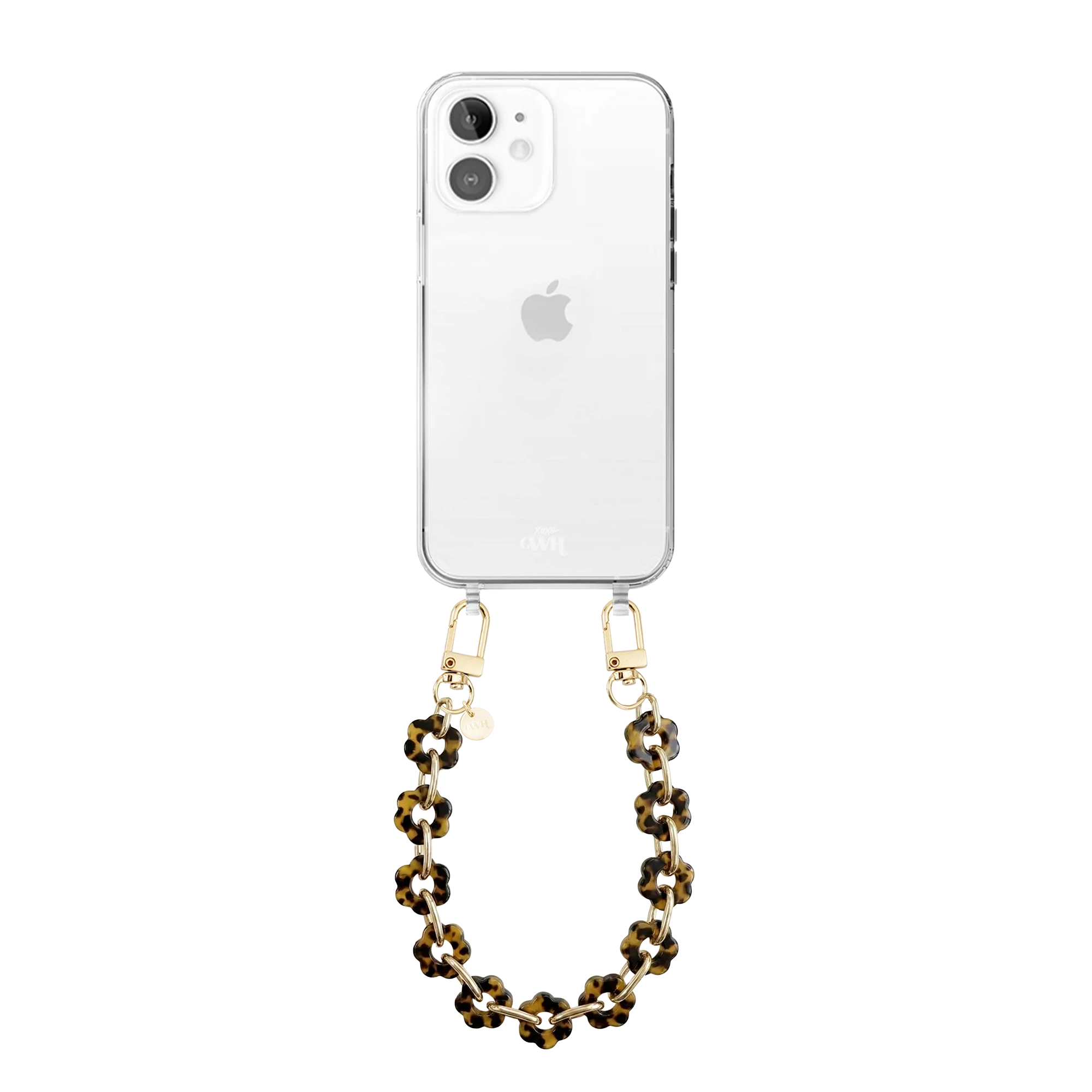 Transparant iPhone 11 hoesje met kort luipaardprint bloemenkoord en gouden haken.