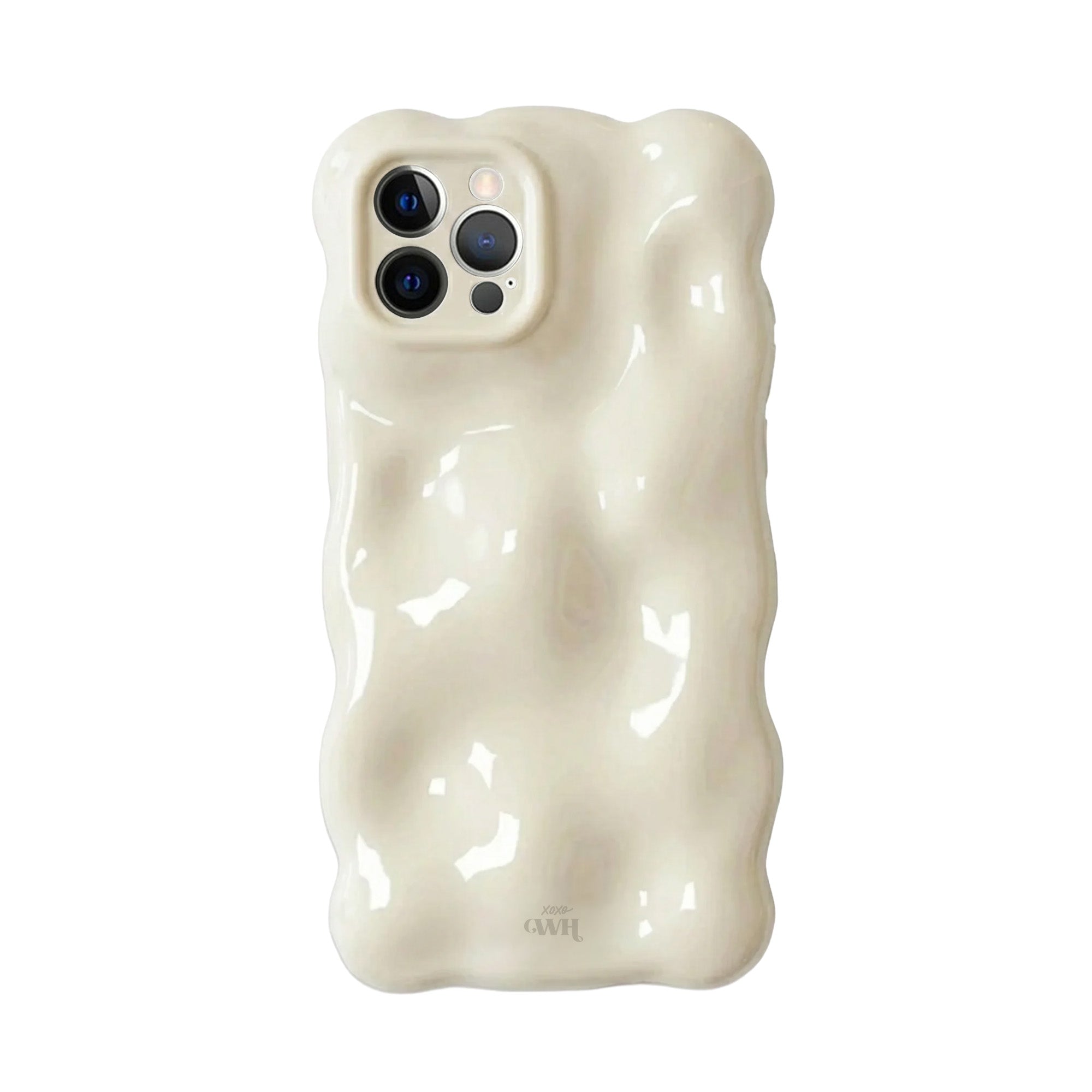 Witte, glanzende Bubbly Cloud Dancer iPhone 12 Pro Max hoesje met golvend design en camera cover.