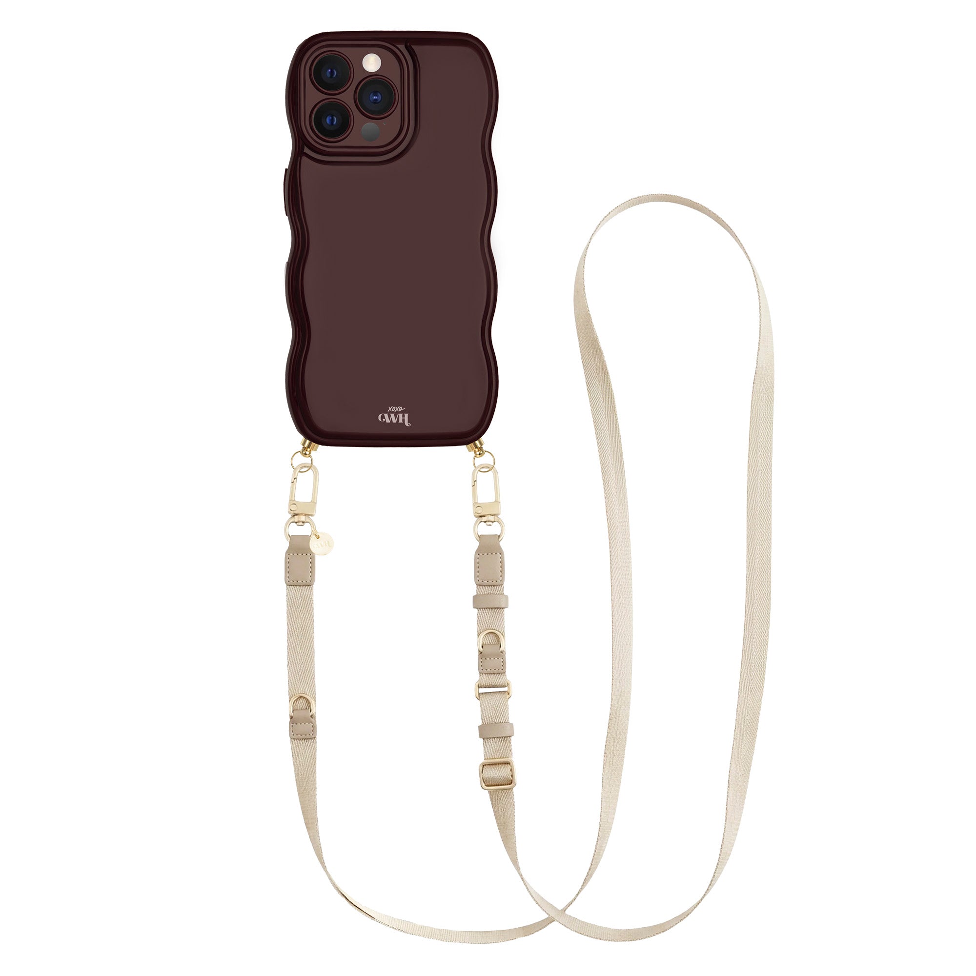 Glossy burgundy wavy iPhone 12 Pro case with a beige adjustable lanyard strap.