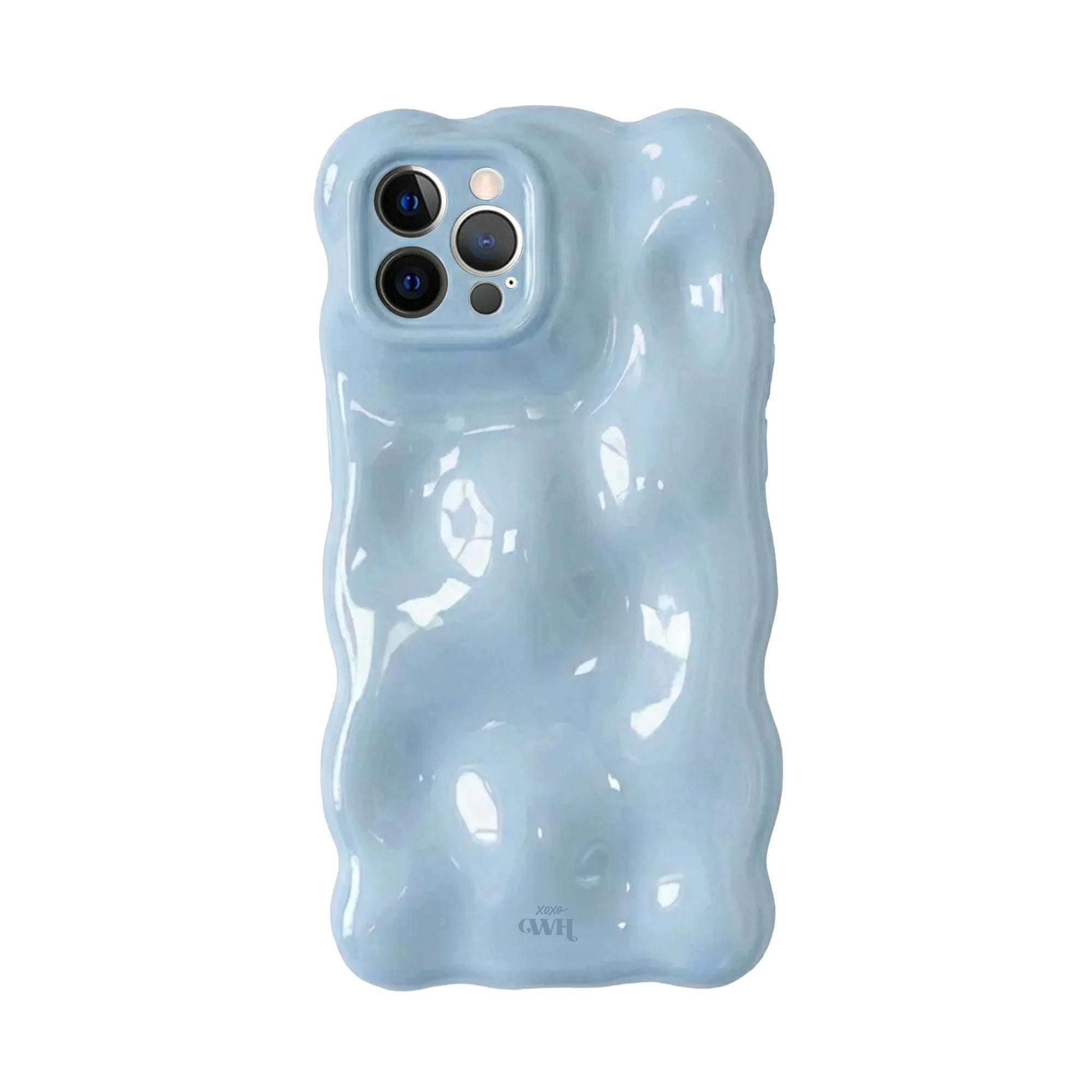 Bubbly case Ice Blue voor iPhone 12 Pro Max, glanzend kunststof met golvend design en camera cover.