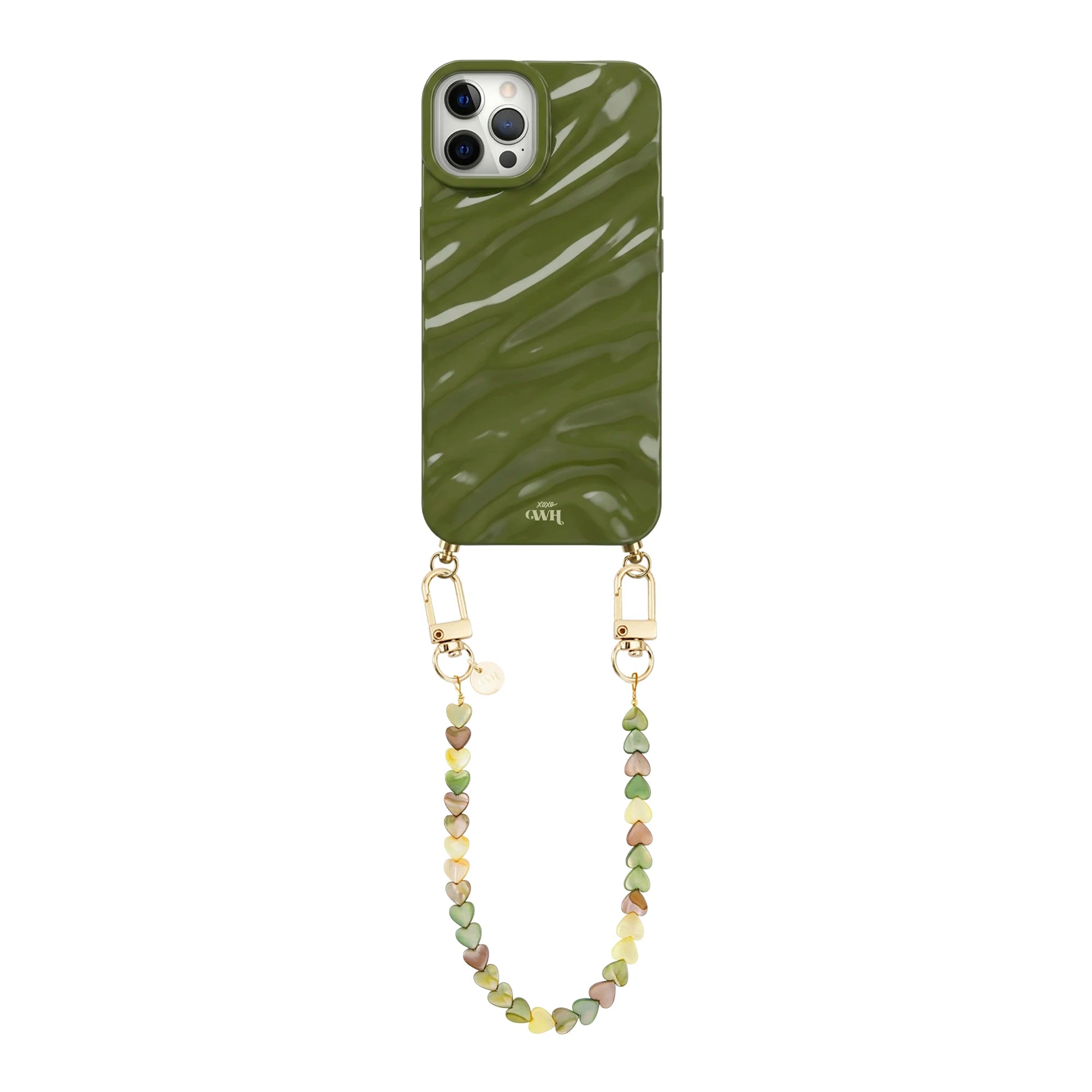 Green Glaze Cord Case - Shell Hearts Olives (short) - iPhone 12 Pro