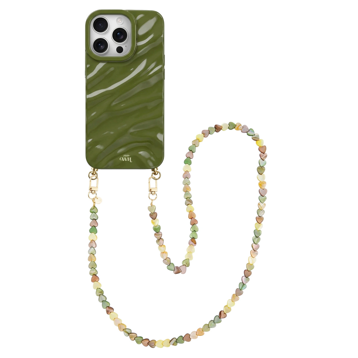 Green Glaze Cord Case - Shell Hearts Olives (long) - iPhone 16 Pro Max