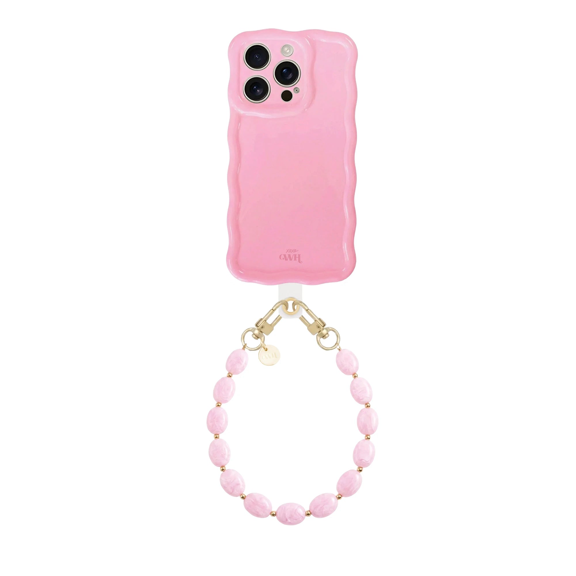Glossy roze wavy telefoonhoesje met kort Ocean koord van roze kralen en gouden details.