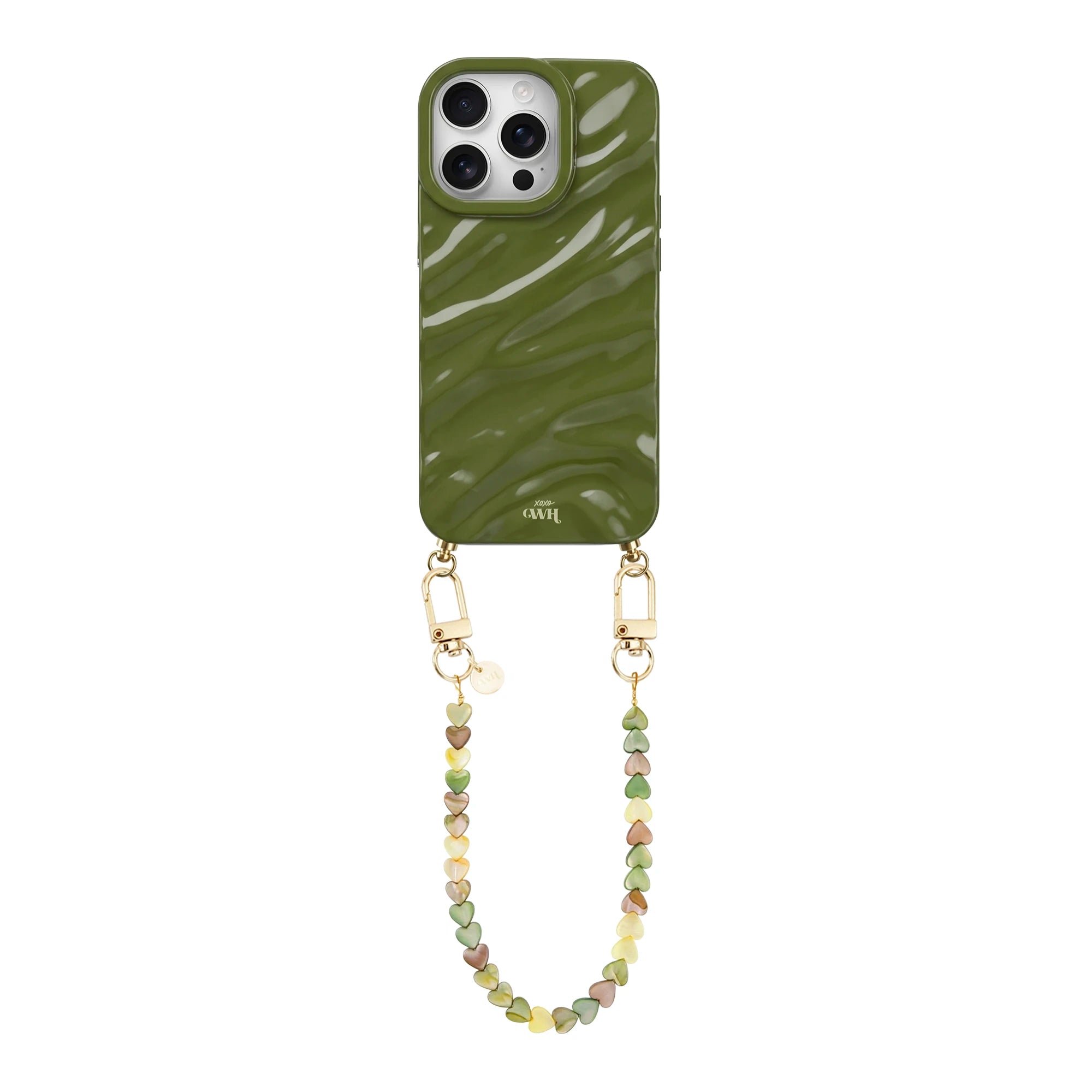 Green Glaze Cord Case - Shell Hearts Olives (short) - iPhone 14 Pro