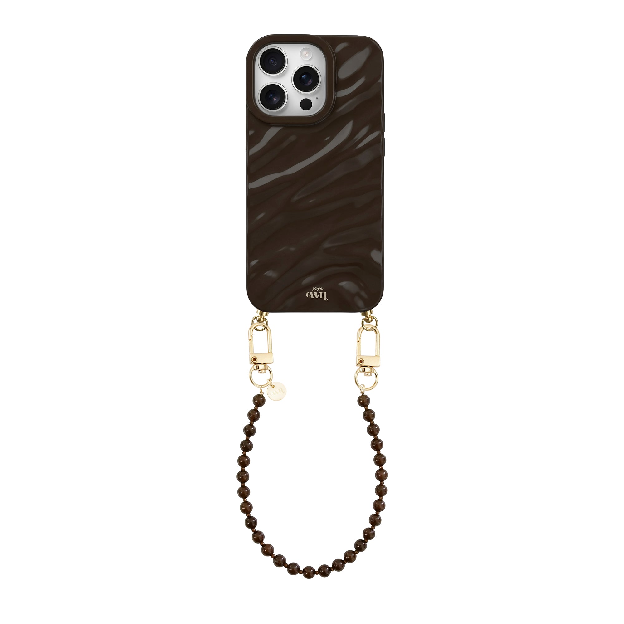 Glanzend bruin iPhone 14 Pro hoesje met golvend design en kort Brown Sugar kralenkoord met gouden haakjes.