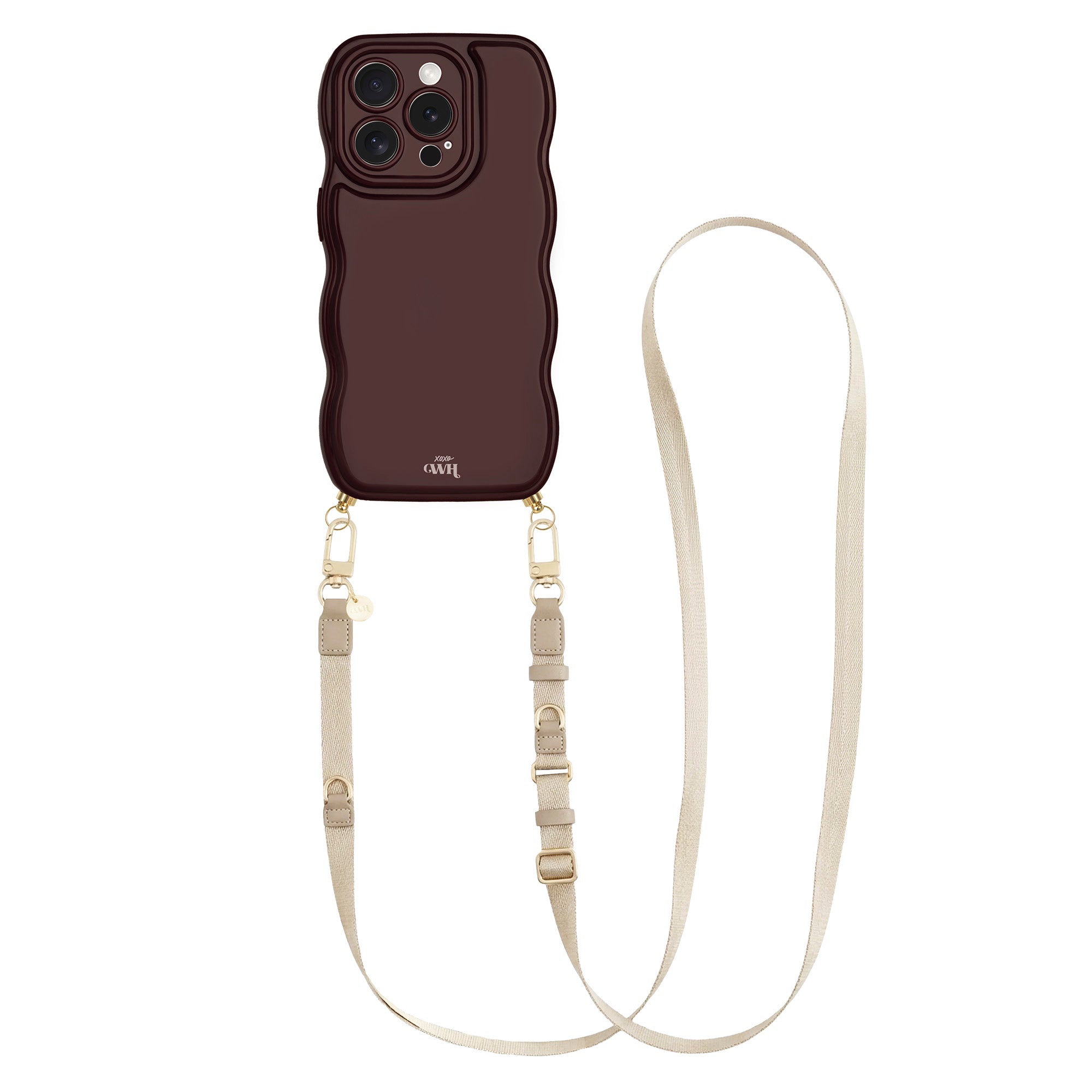 Glossy Wavy Cord Case Burgundy - Lanyard Strap (Beige)