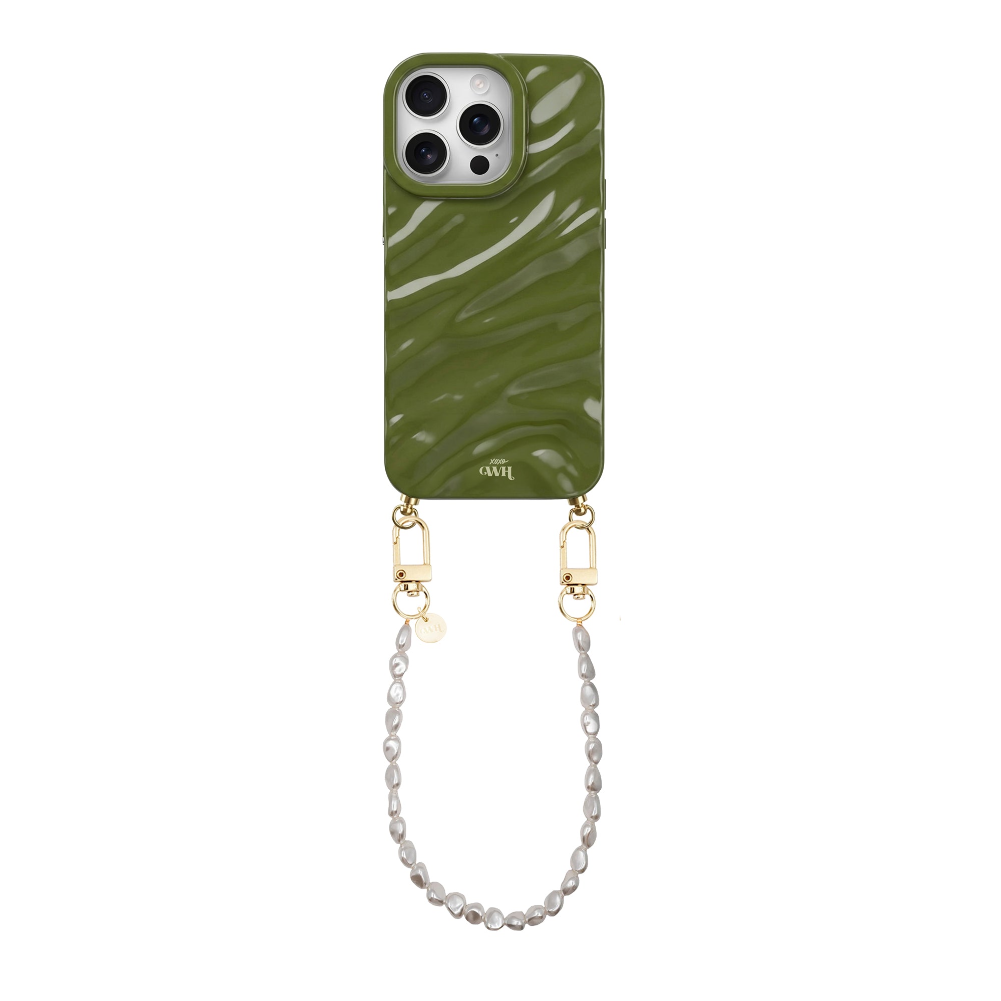 Glanzende diepgroene telefoonhoes met golvend patroon, gouden details en een kort parelkoord.