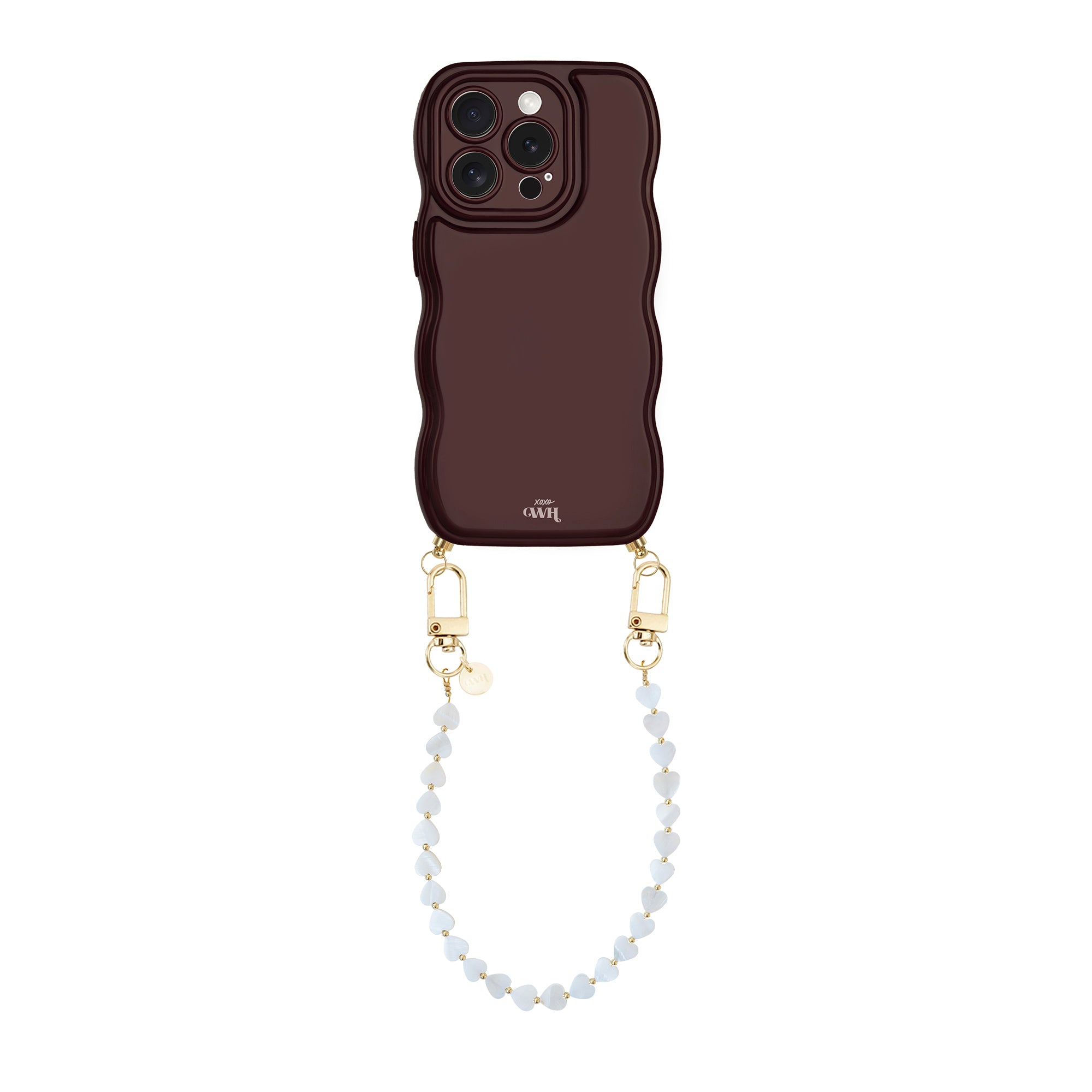 Glossy Wavy Cord Case Burgundy - Shell Hearts - Beige (short) - iPhone 15 Pro Max