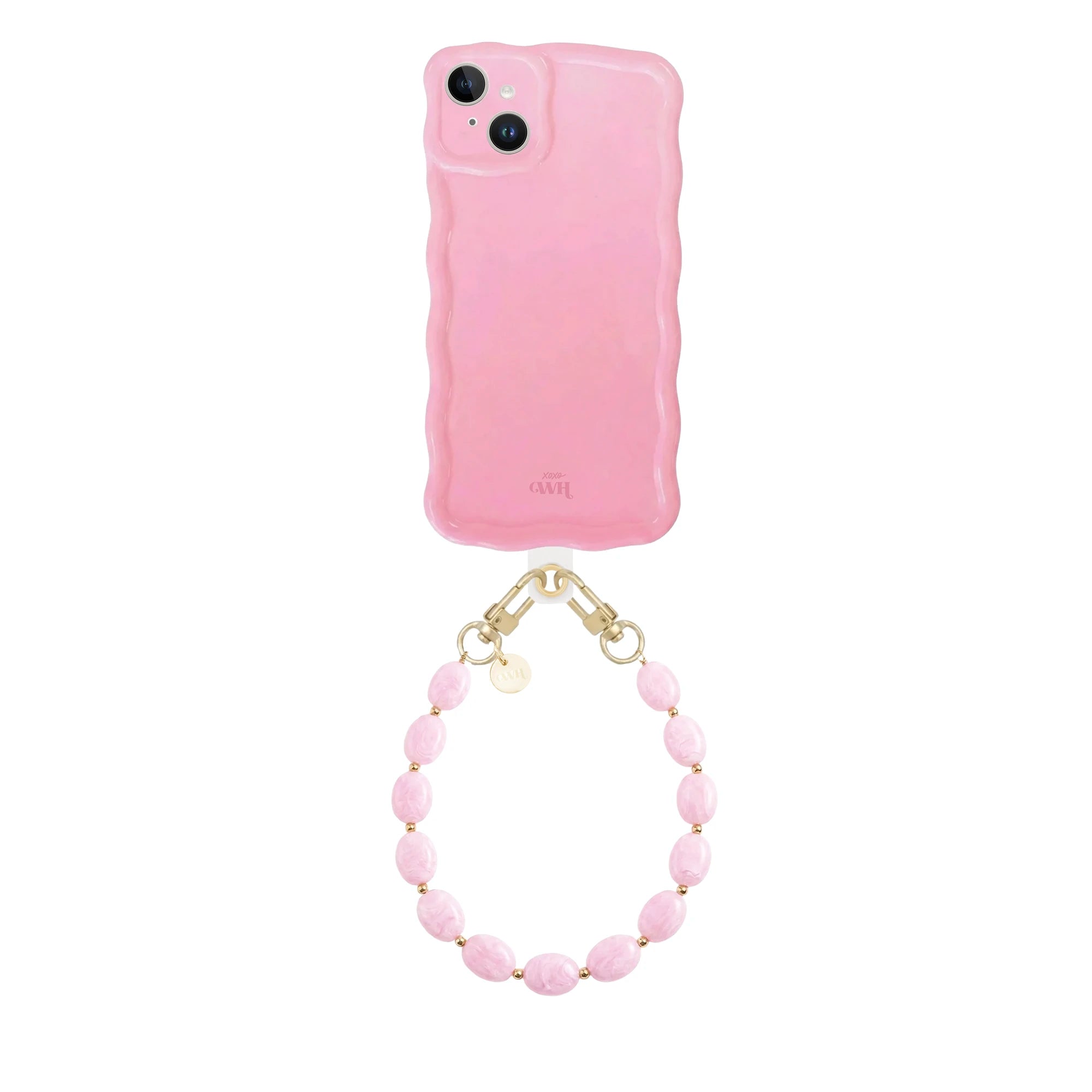 Glossy roze golvende iPhone 13 case met kort Ocean koord van roze kralen en gouden details.