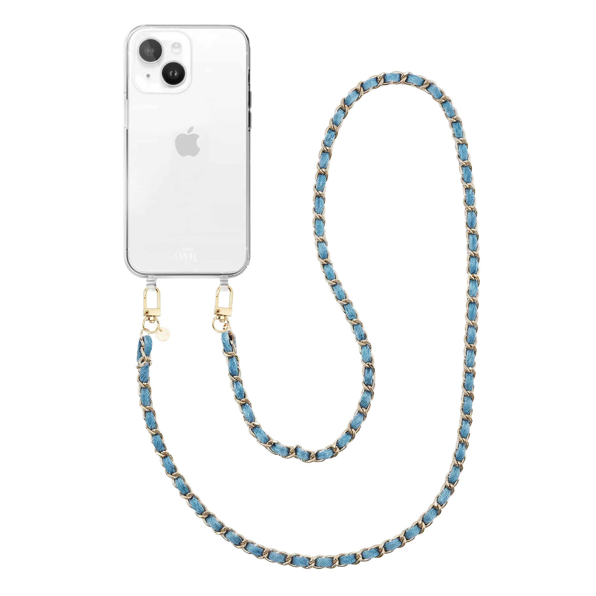 iPhone 13 transparante hoes met lange denim ketting en gouden details.