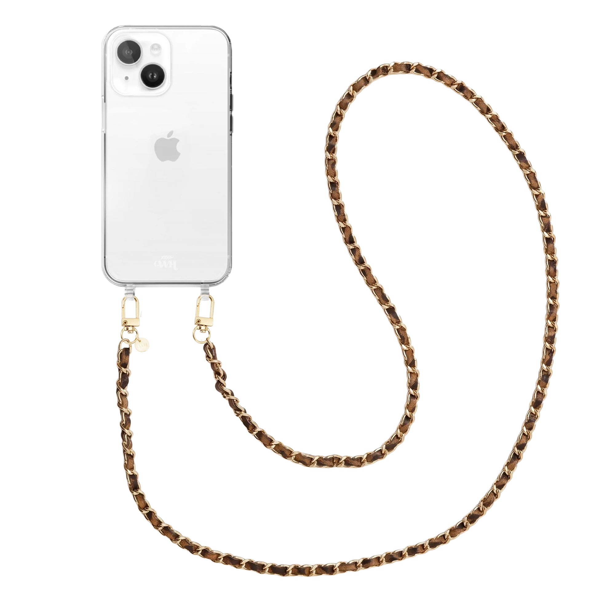 iPhone 13 Mini in clear case with a long, brown leopard print chain and gold hardware.