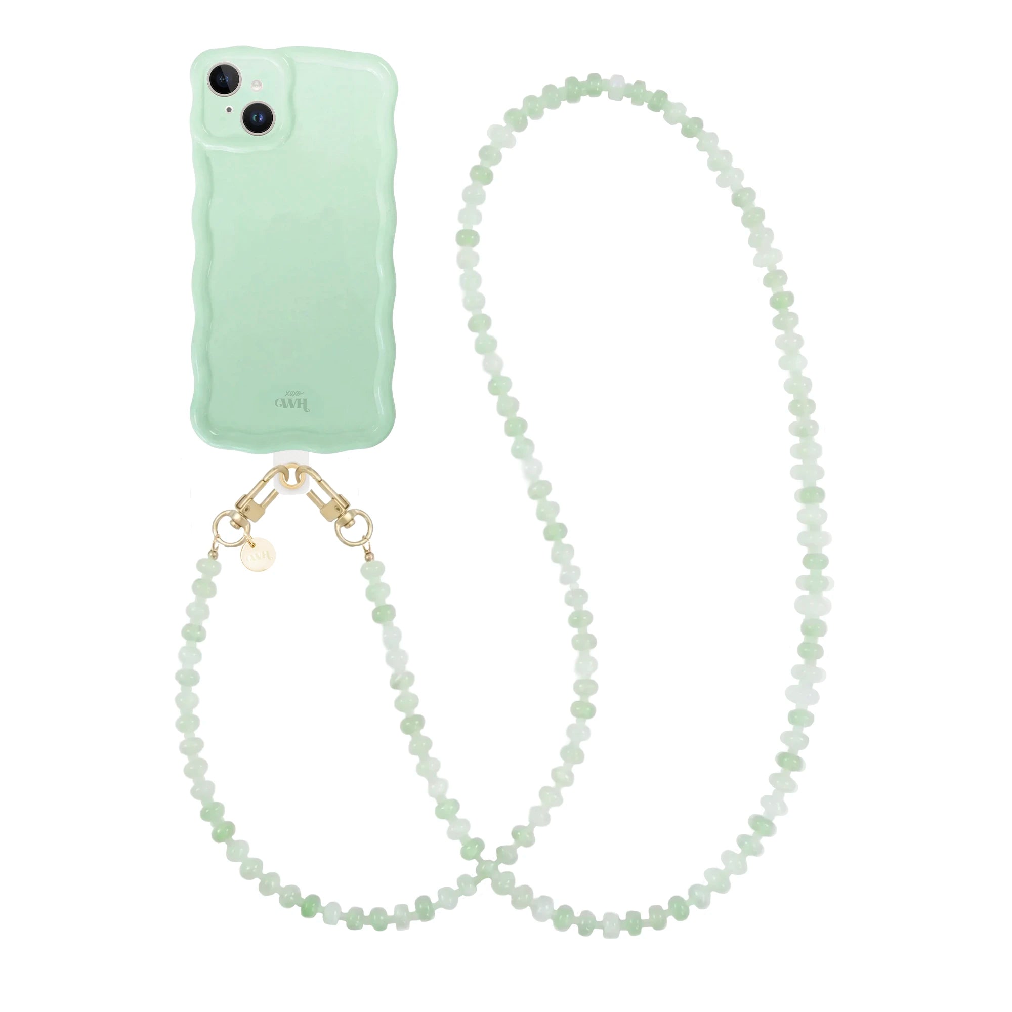 Glossy wavy sage green iPhone 13 case with a long dusty green beaded cord and gold hardware.