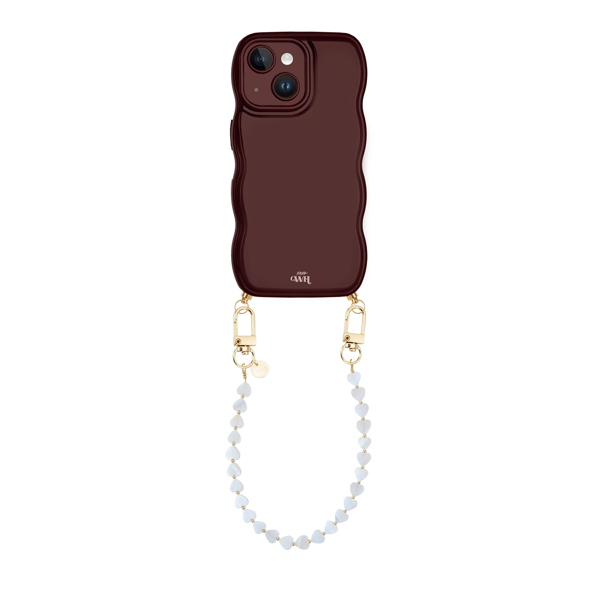 Glossy Wavy Cord Case Burgundy - Shell Hearts - Beige (short) - iPhone 13