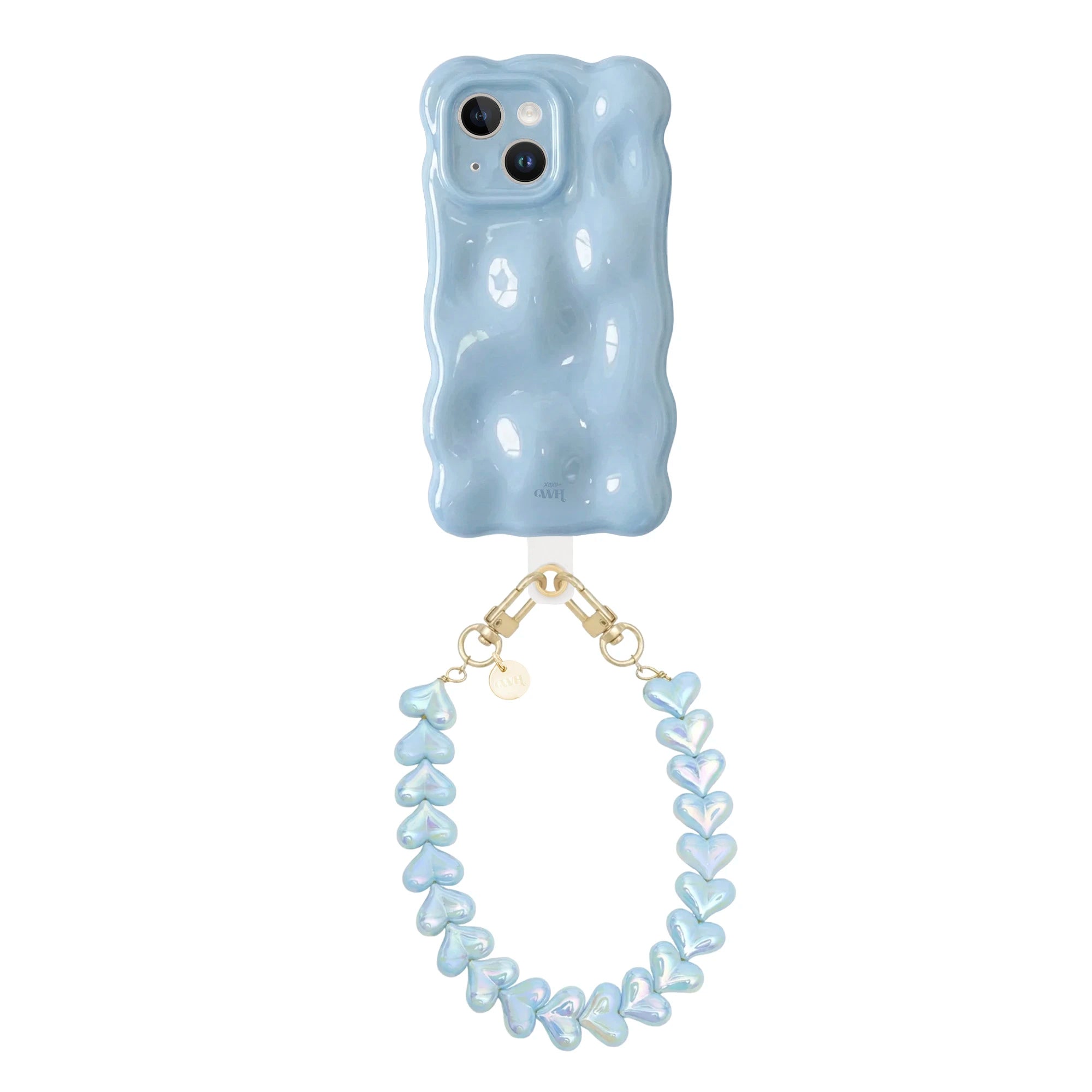 Bubbly Ice Blue iPhone 13 case met golvende vorm en Funky Hearts Cord (Blue metallic) met gouden haakjes.