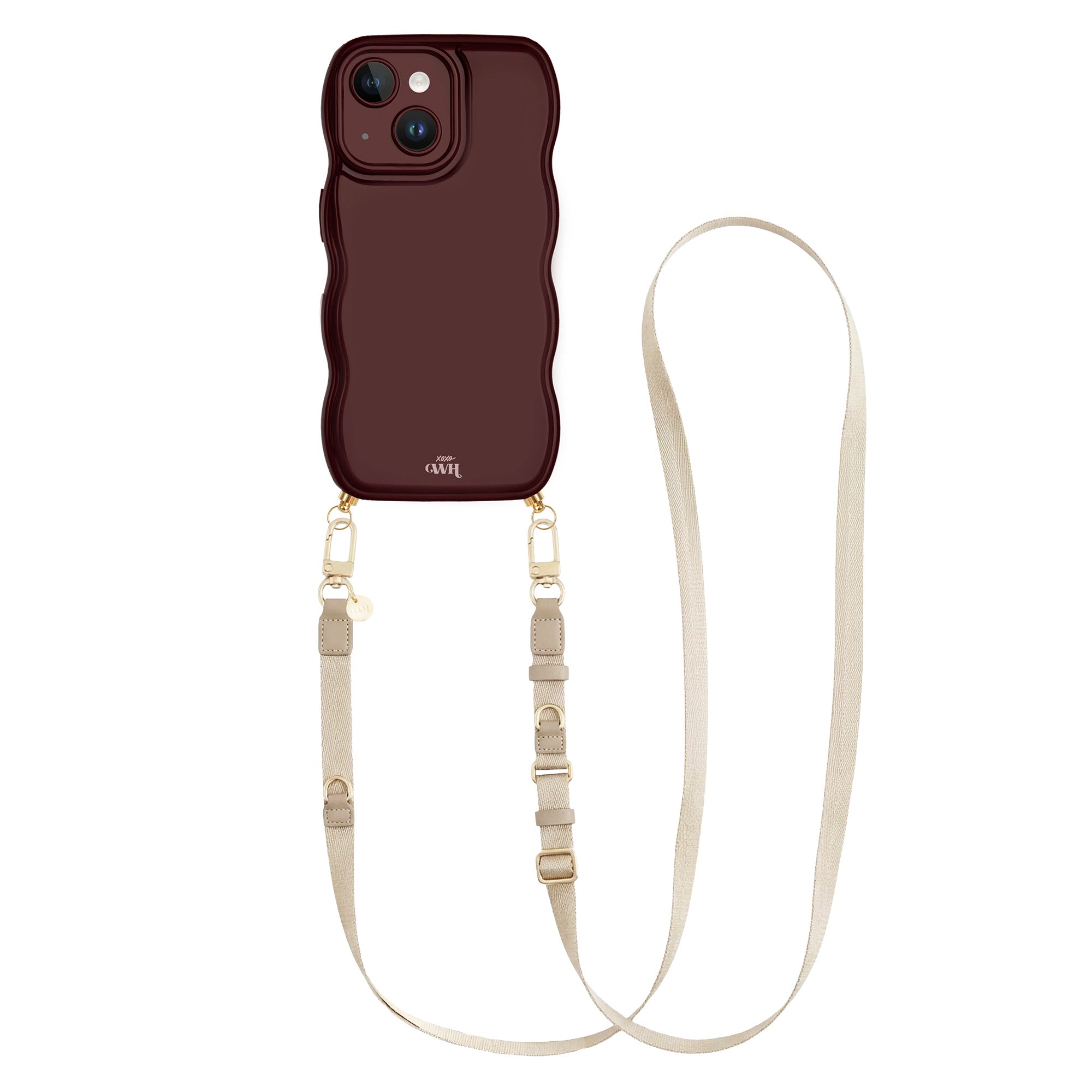 Glossy Wavy Cord Case Burgundy - Lanyard Strap (Beige) - iPhone 14