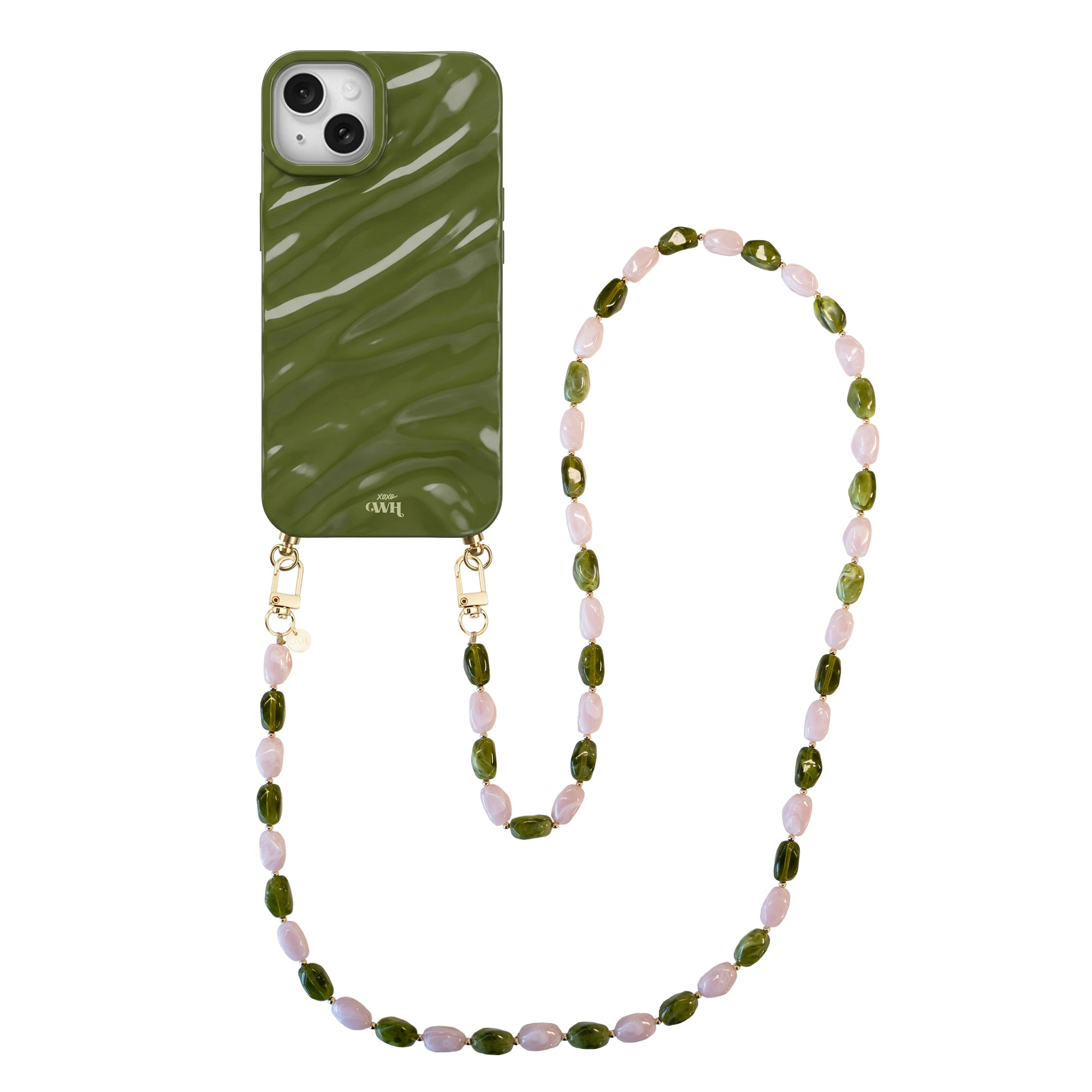Glanzende donkergroene iPhone 14 hoes met golvend patroon en lang Rose Quartz koord met roze en groene kralen.