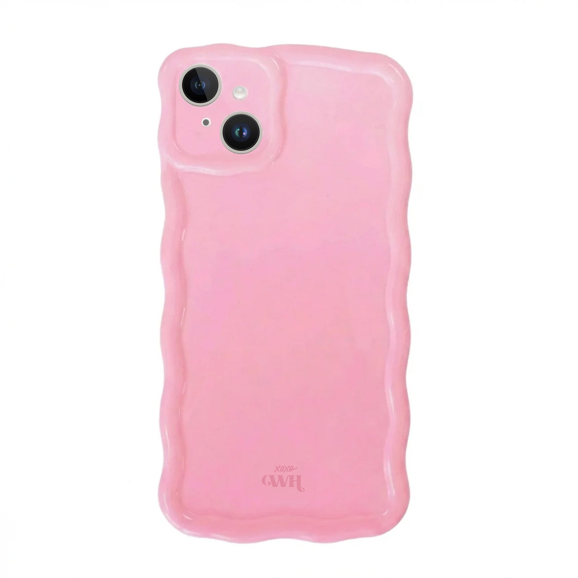 Glanzende roze iPhone 14 hoes met uniek wavy design en xoxo Wildhearts logo.