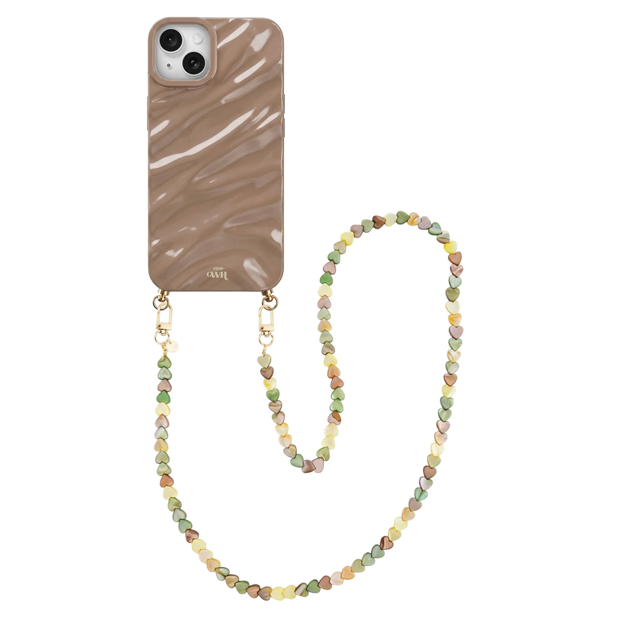 Taupe Glaze Cord Case - Shell Hearts Olives (long) - iPhone 14 Plus