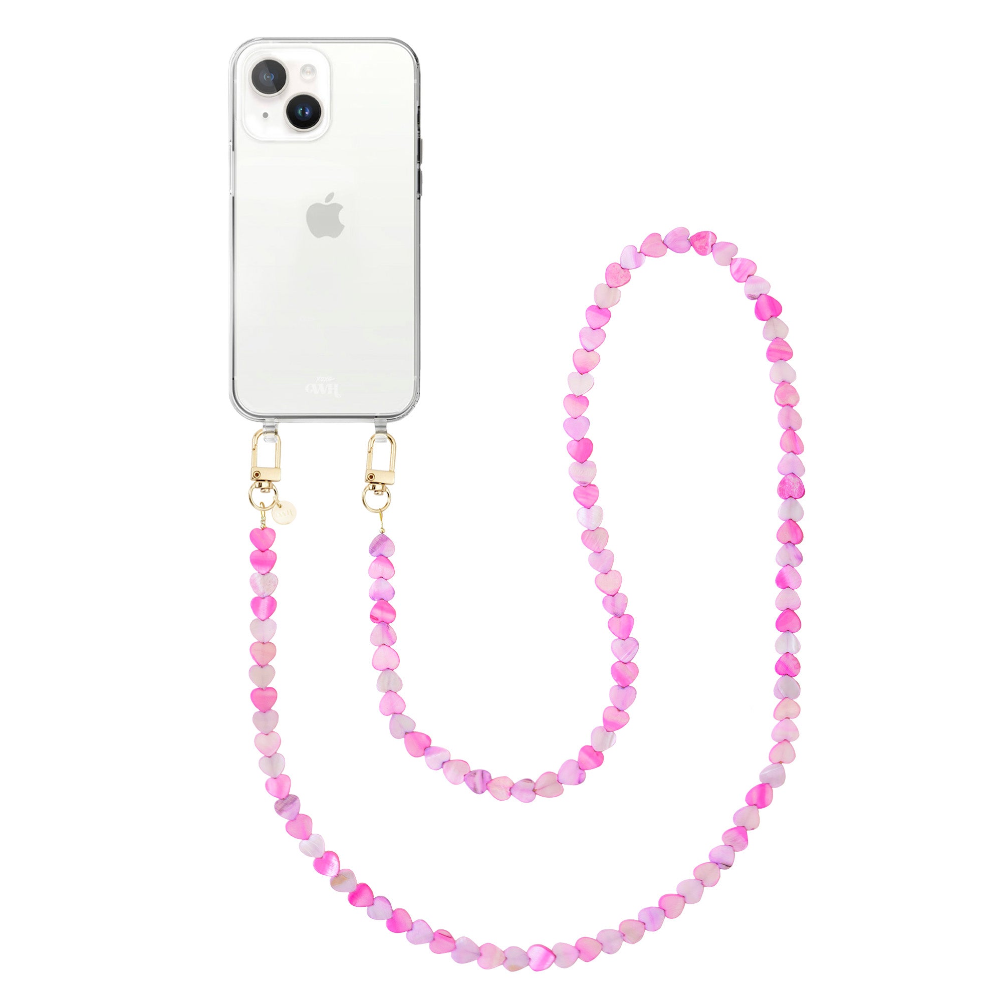 xoxo Wildhearts iPhone 13 mini - Shell Hearts (Pink & Purple) Transparant Cord Case - Long cord