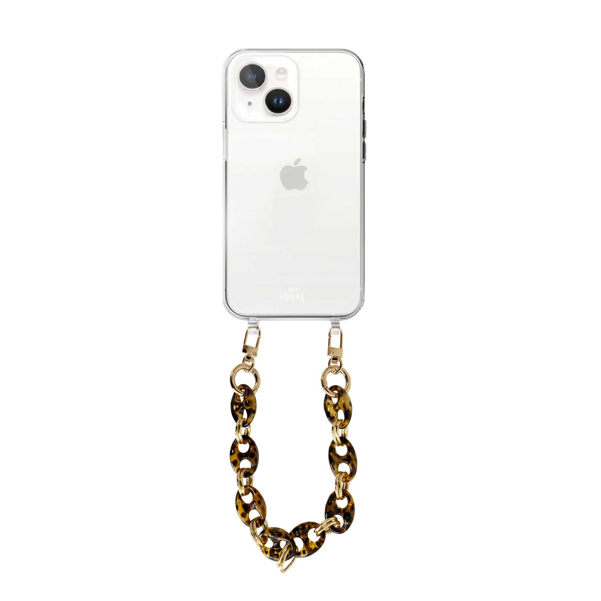 xoxo Wildhearts - iPhone 14 - Marble Brown Transparant Cord Case - Short Cord