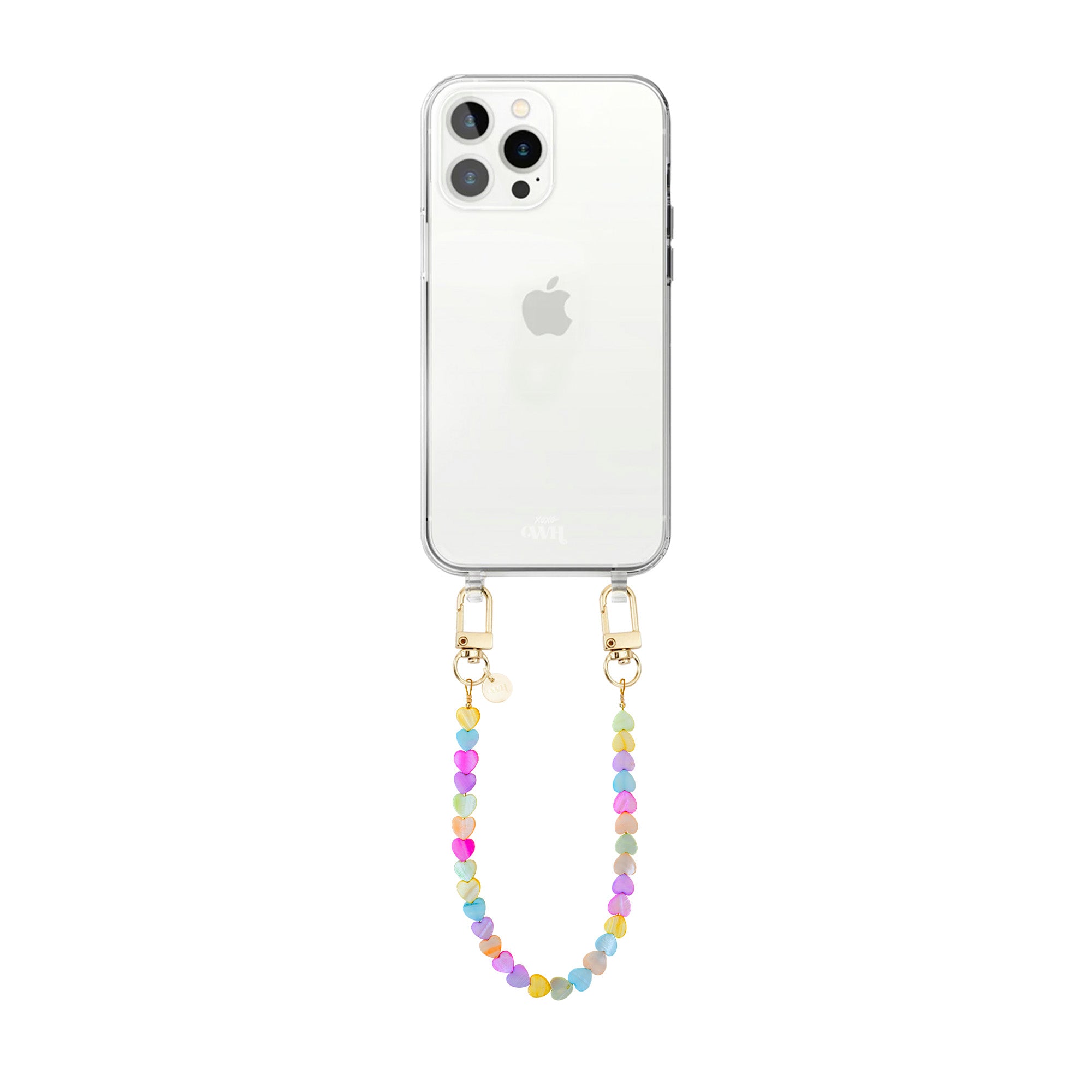 xoxo Wildhearts iPhone 14 Pro - Shell Hearts (Rainbow) Transparant Cord Case - Short cord
