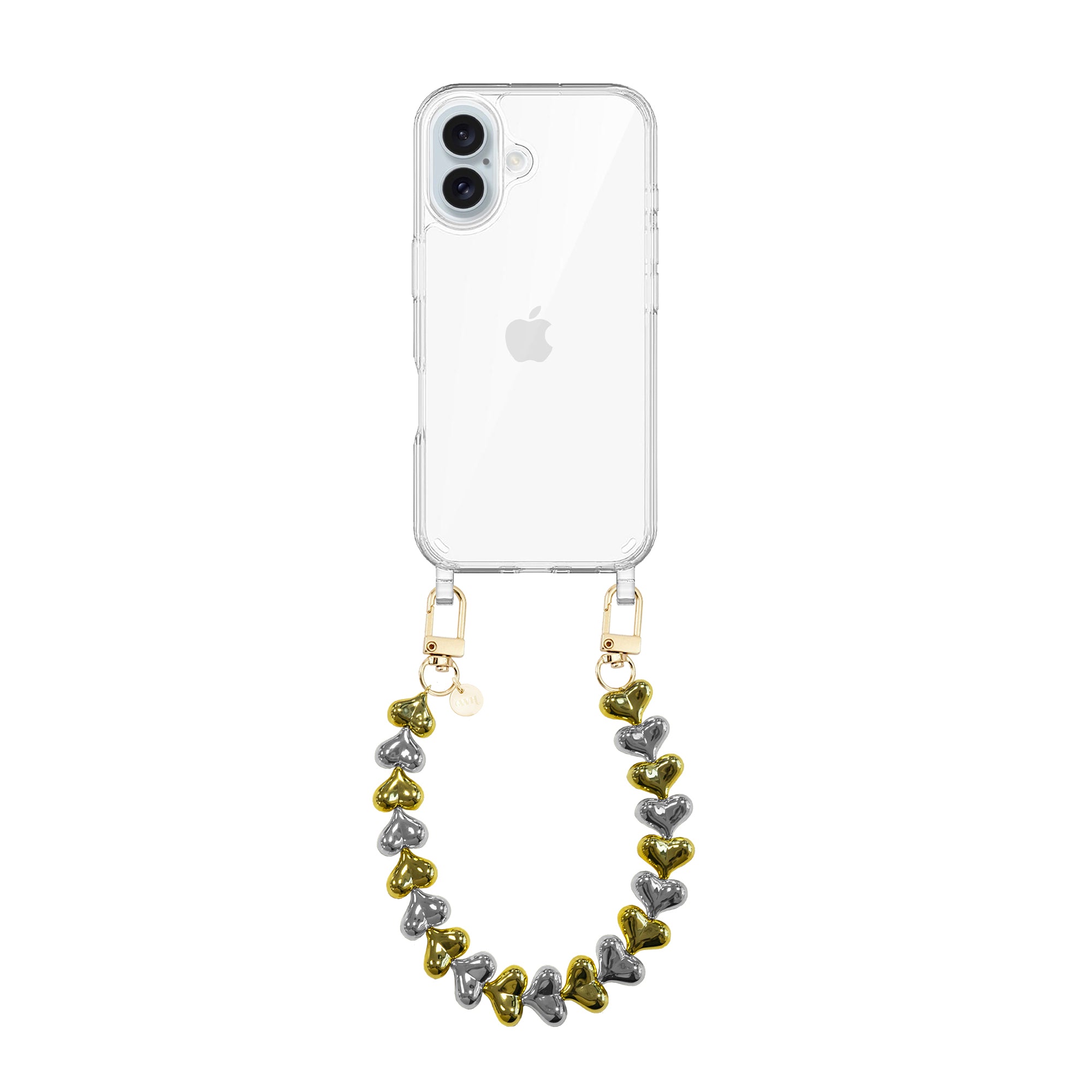 xoxo Wildhearts iPhone 16 - Funky Hearts (Gold & Silver) Transparant Cord Case