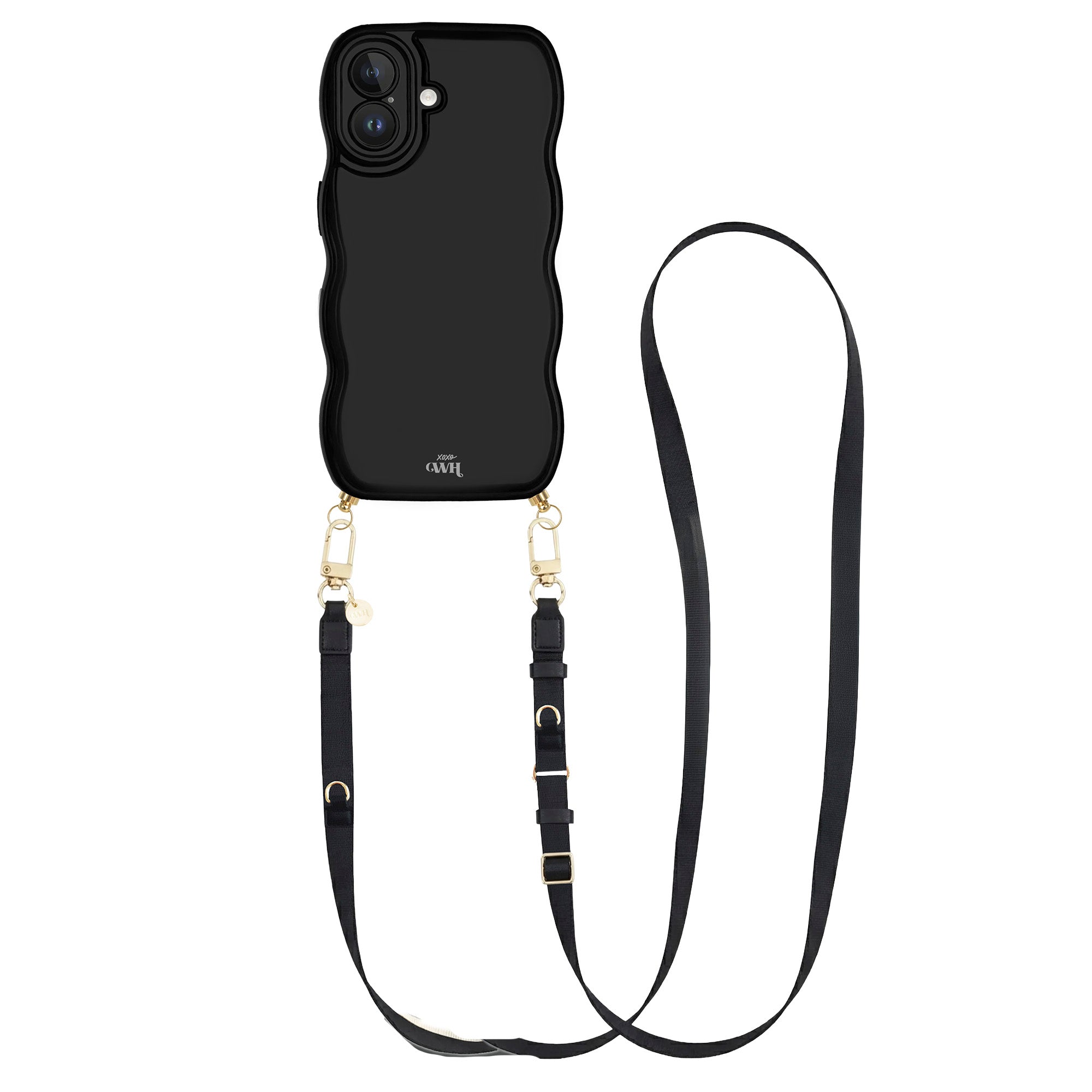 Glossy Wavy Cord Case Black - Lanyard Strap (Black) - iPhone 16 Plus
