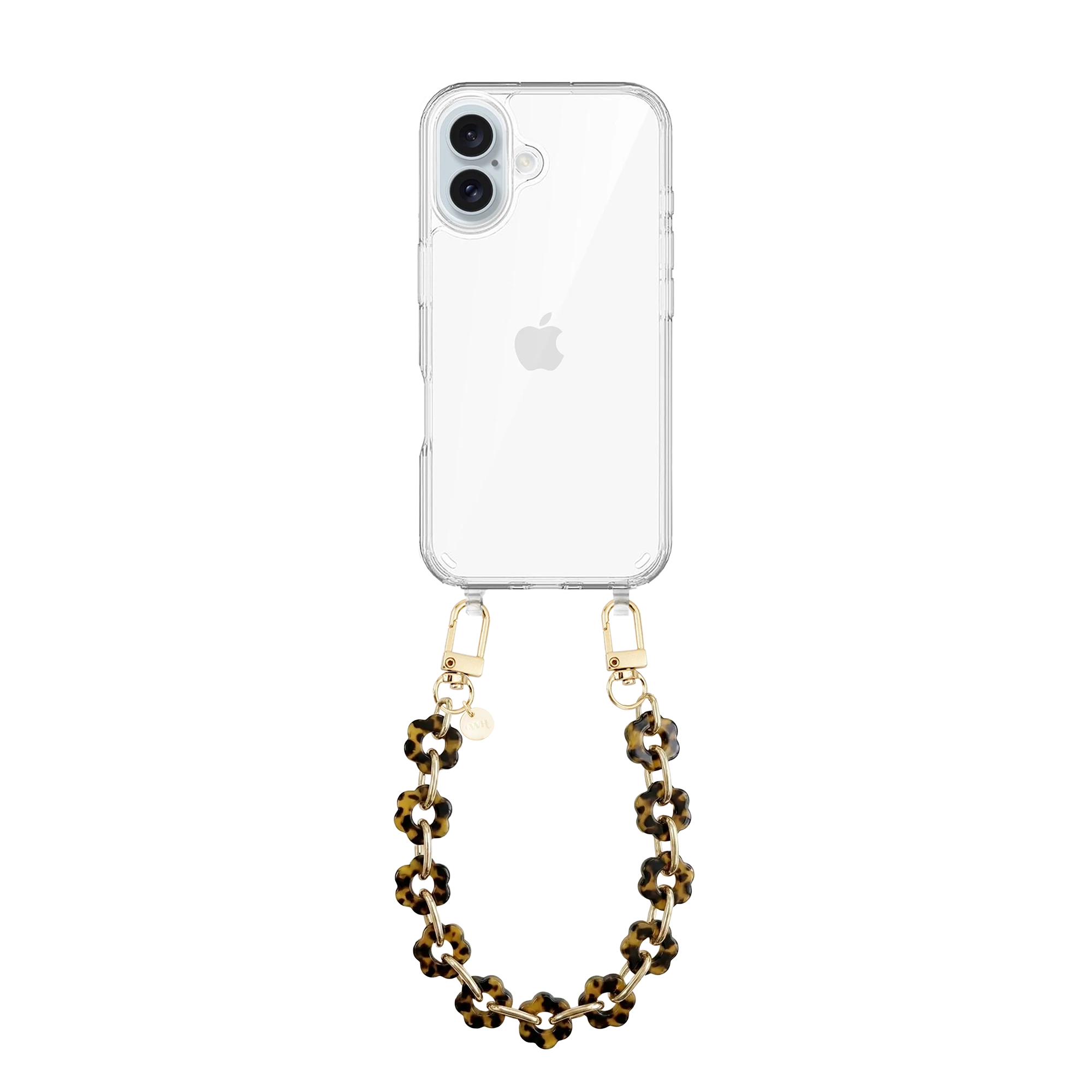 Transparante iPhone 16 hoes met kort Leopard Flowers koord, gouden haken en bloemvormige kralen.