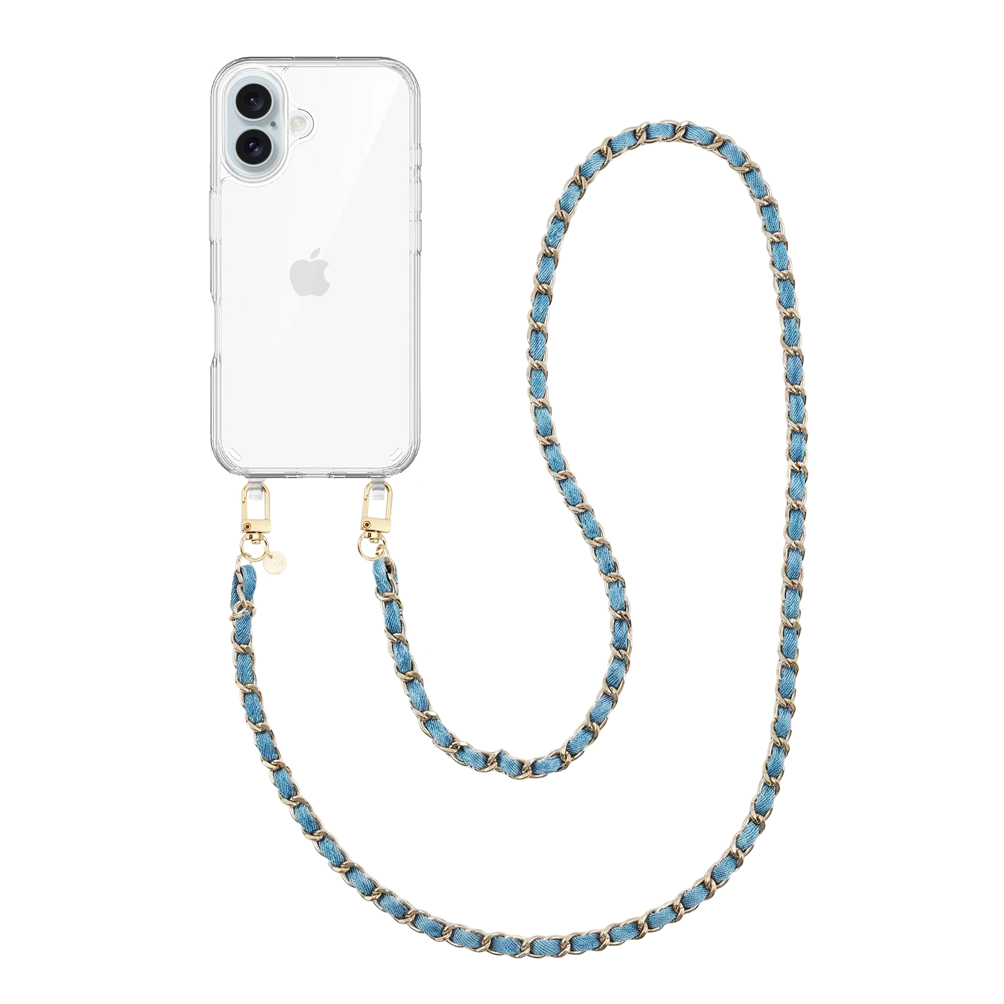 iPhone 16 transparant hoesje met lange Classic Chain Denim koord en gouden details.