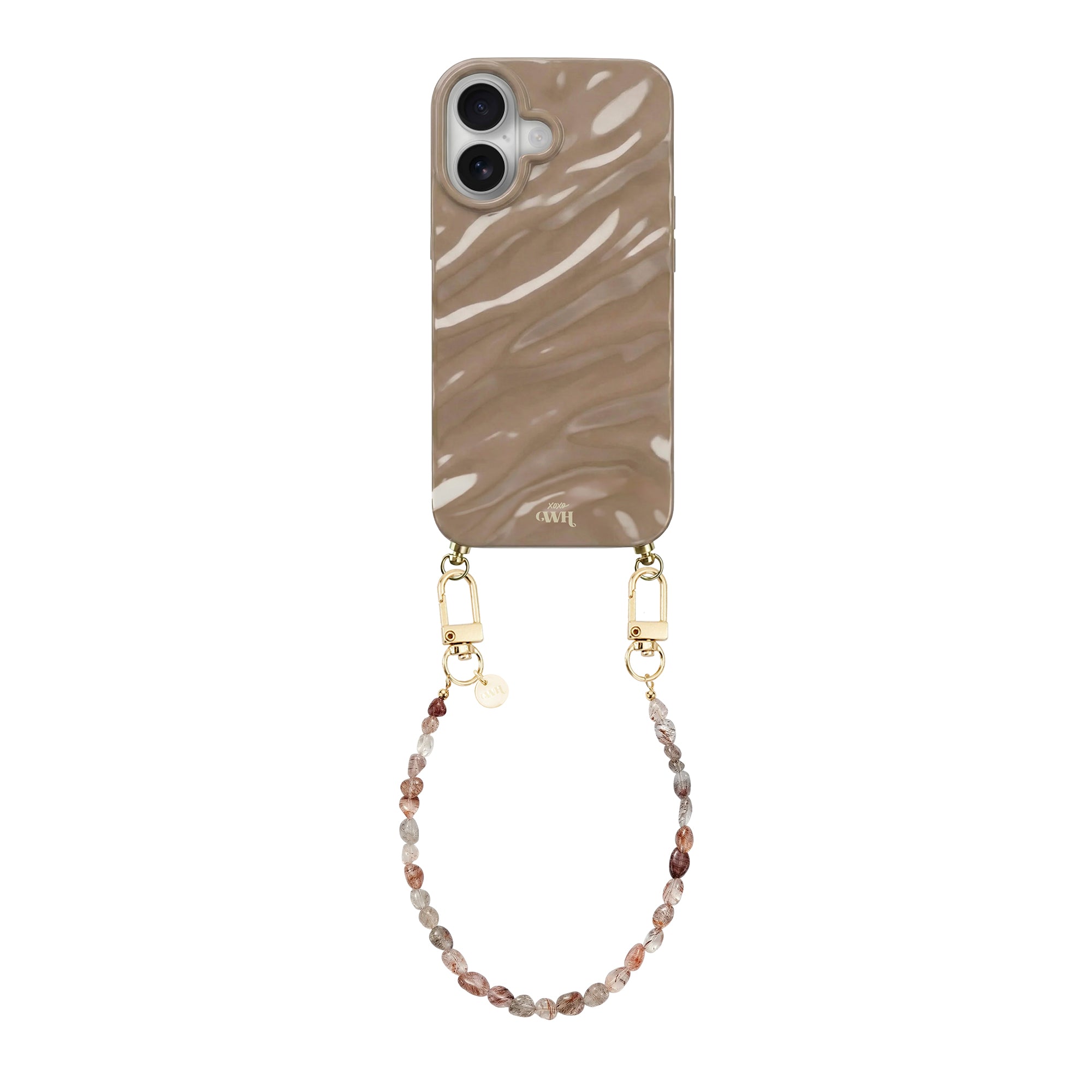 Glanzende taupe iPhone 17 hoes met golvend patroon en kort Soft Taupe koord met gouden details.