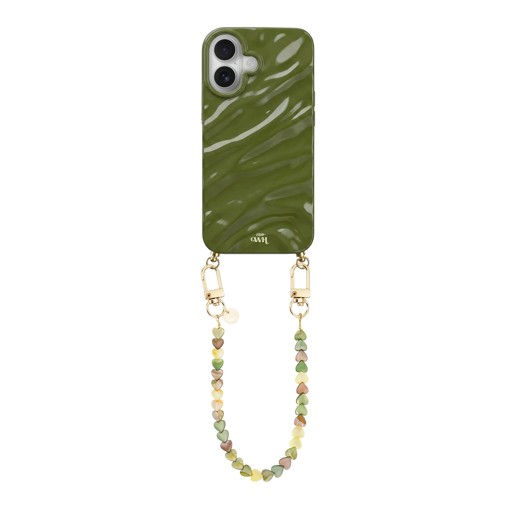 Green Glaze Cord Case - Shell Hearts Olives (short) - iPhone 16