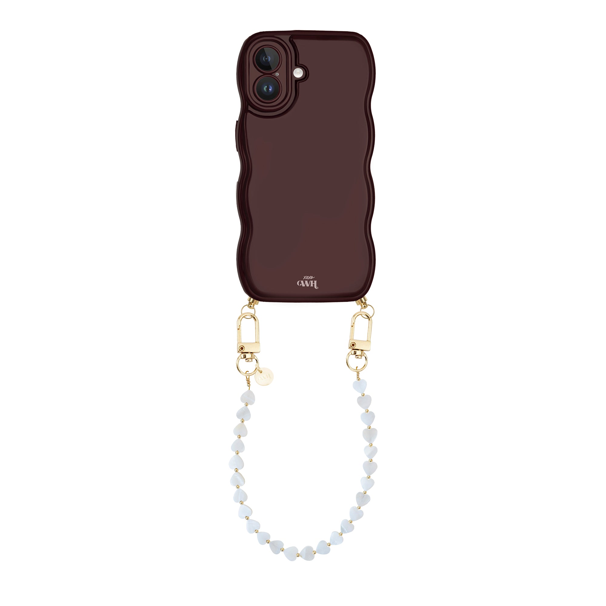 Glossy Wavy Cord Case Burgundy - Shell Hearts - Beige (short) - iPhone 16 Plus